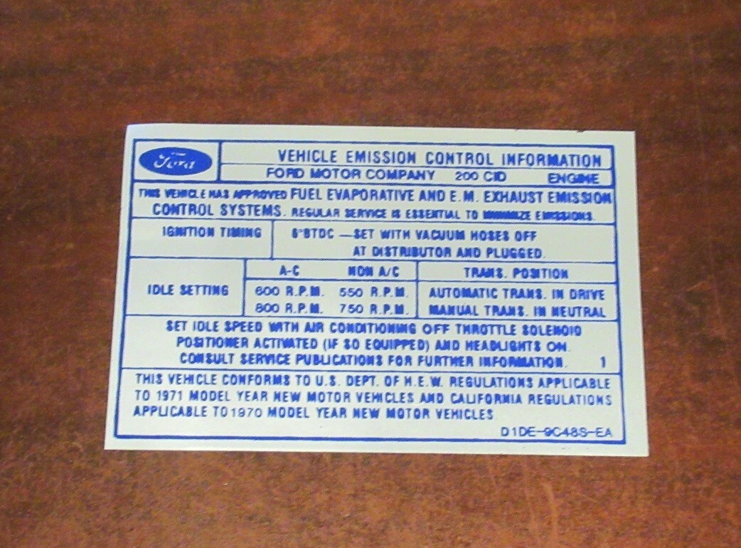 1971 Ford Maverick NEW 200 cu in Emission Decal