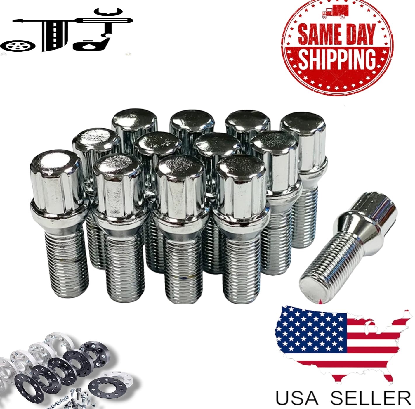 20 Chrome 14×1.5 Spline Tuner Lug Bolt 28mm Shank Fit Volkswagen Aftermarket Rim