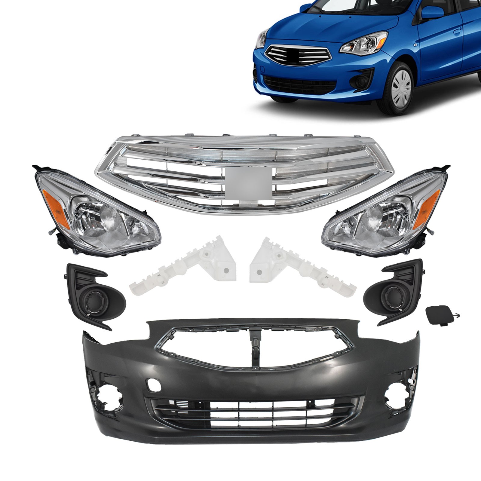 Fits 17-20 Mitsubishi Mirage G4 Front Bumper/Grille/Fog Lamp/Bracket/Headlight