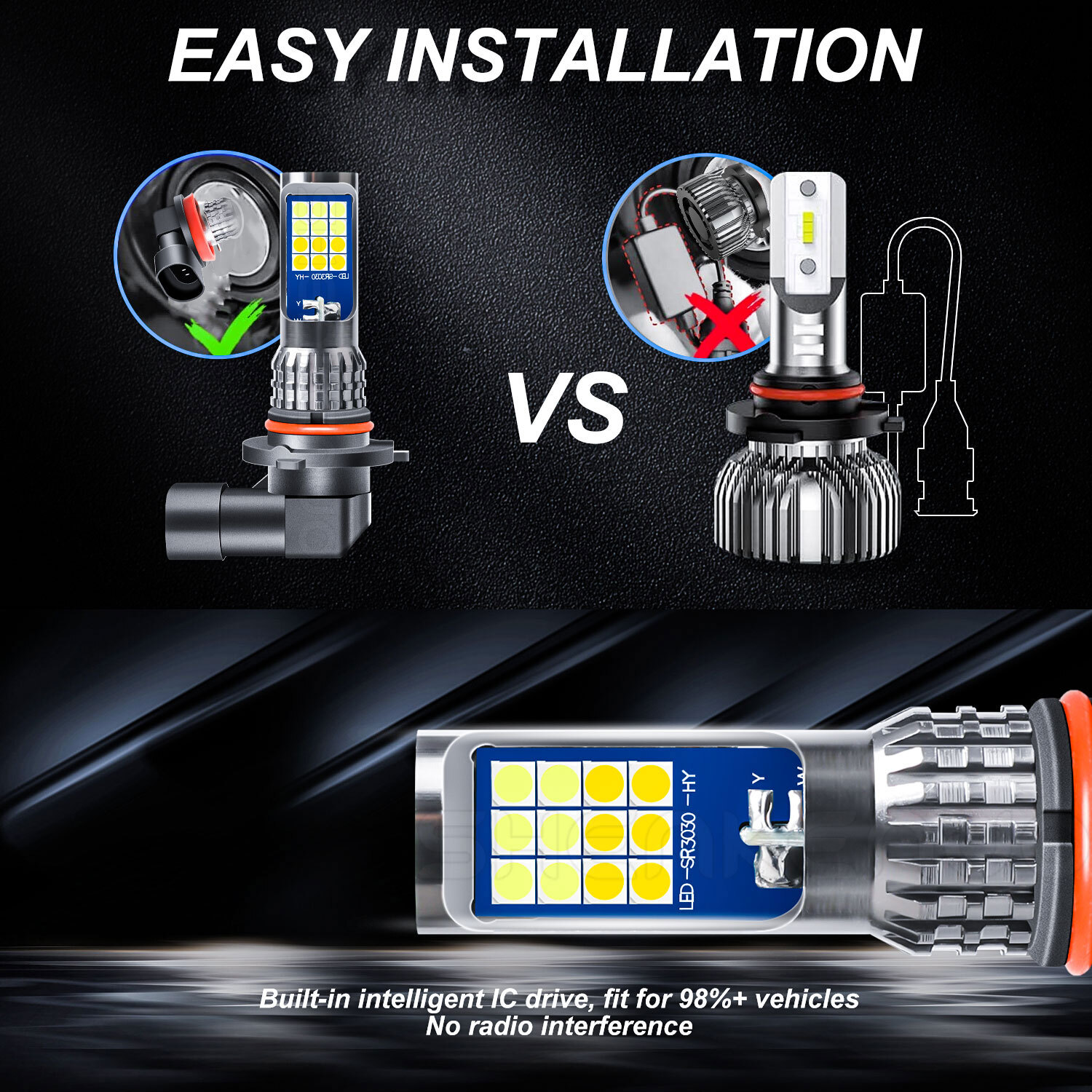 9005 HB3 LED Headlight High Beam Bulbs Dual Color w/ Flash Mode White + Yellow