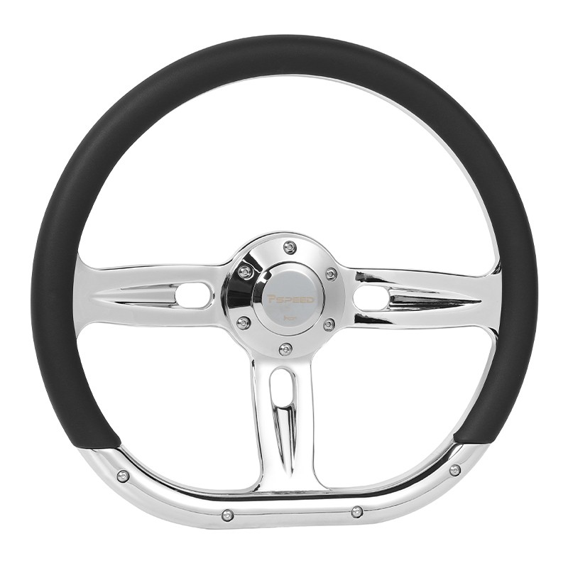 D-Shape 14″ Racing Car Truck Black Leather Steering Wheel 6-Bolt w/ Chrome Spoke
