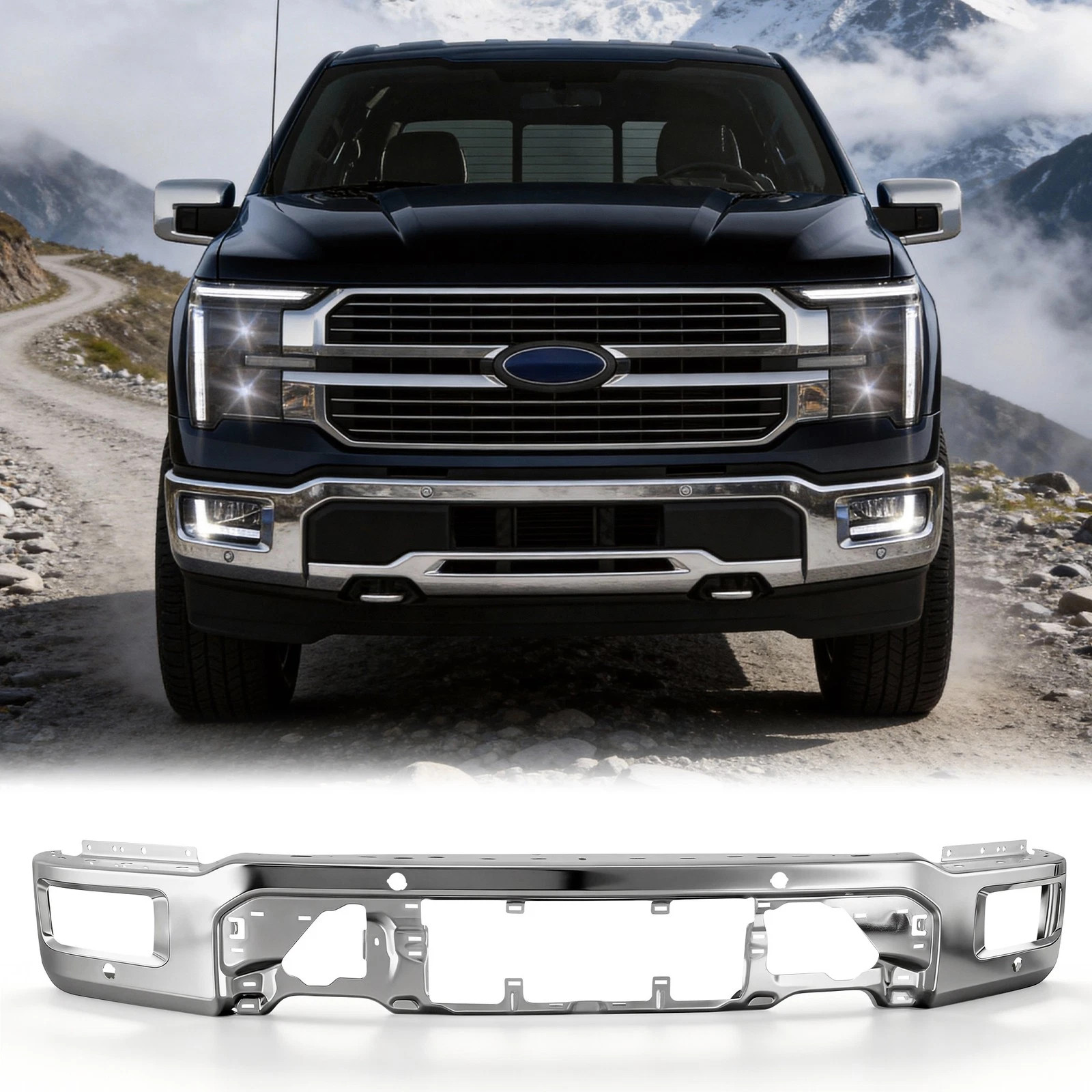 One-Piece Chrome Steel Front Bumper For 2024-2025 Ford F-150 W/Senser Holes