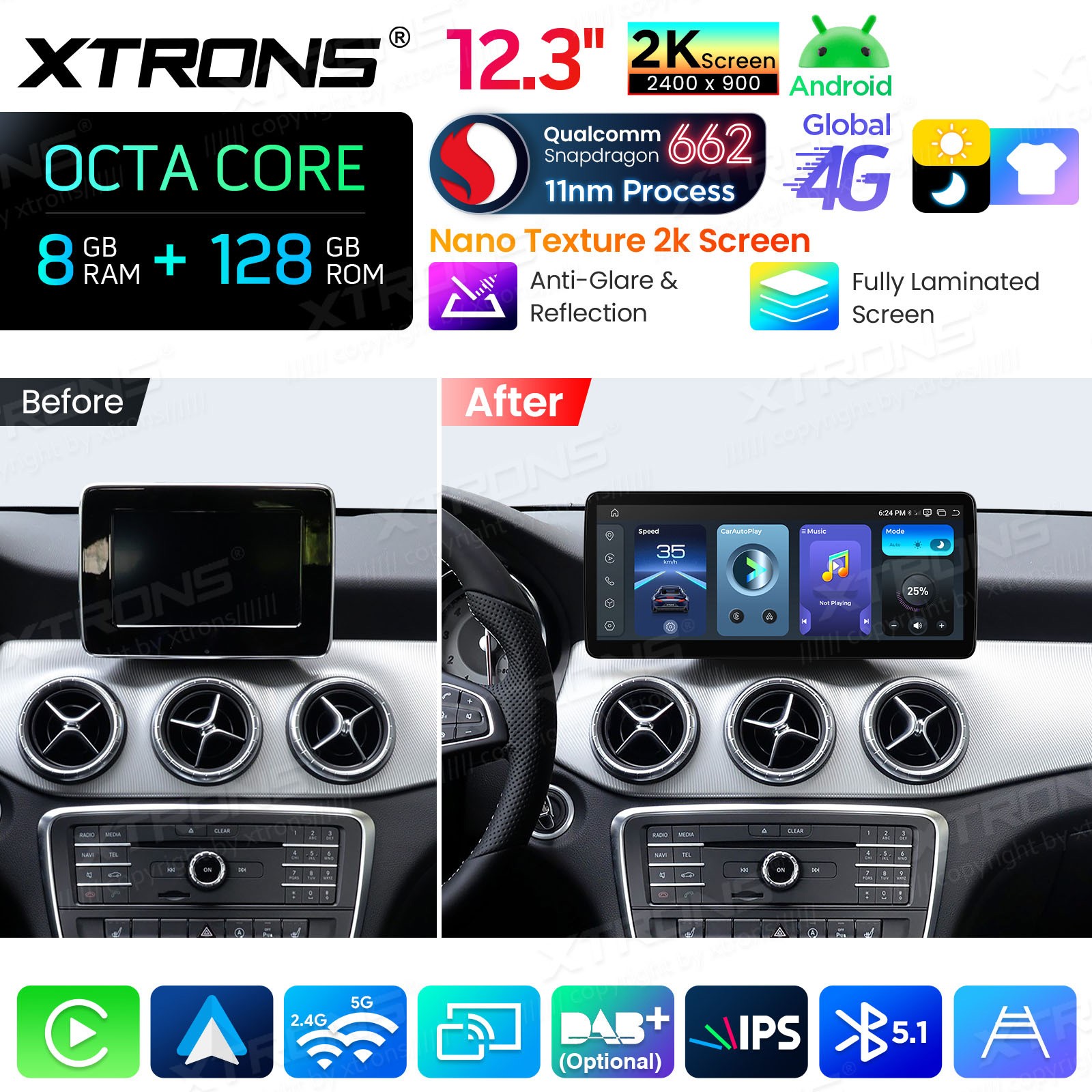 Car GPS CarPlay Android Auto for Mercedes Head Unit 12.3″ 2K Nano Screen 4G 128G