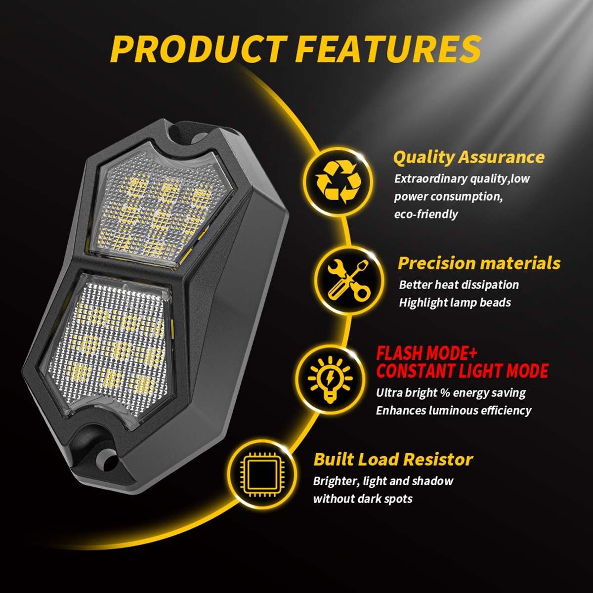 IP67 Waterproof LED Rock Light 210° Degree Rock Lamp For Truck Pickup SUV Yellow