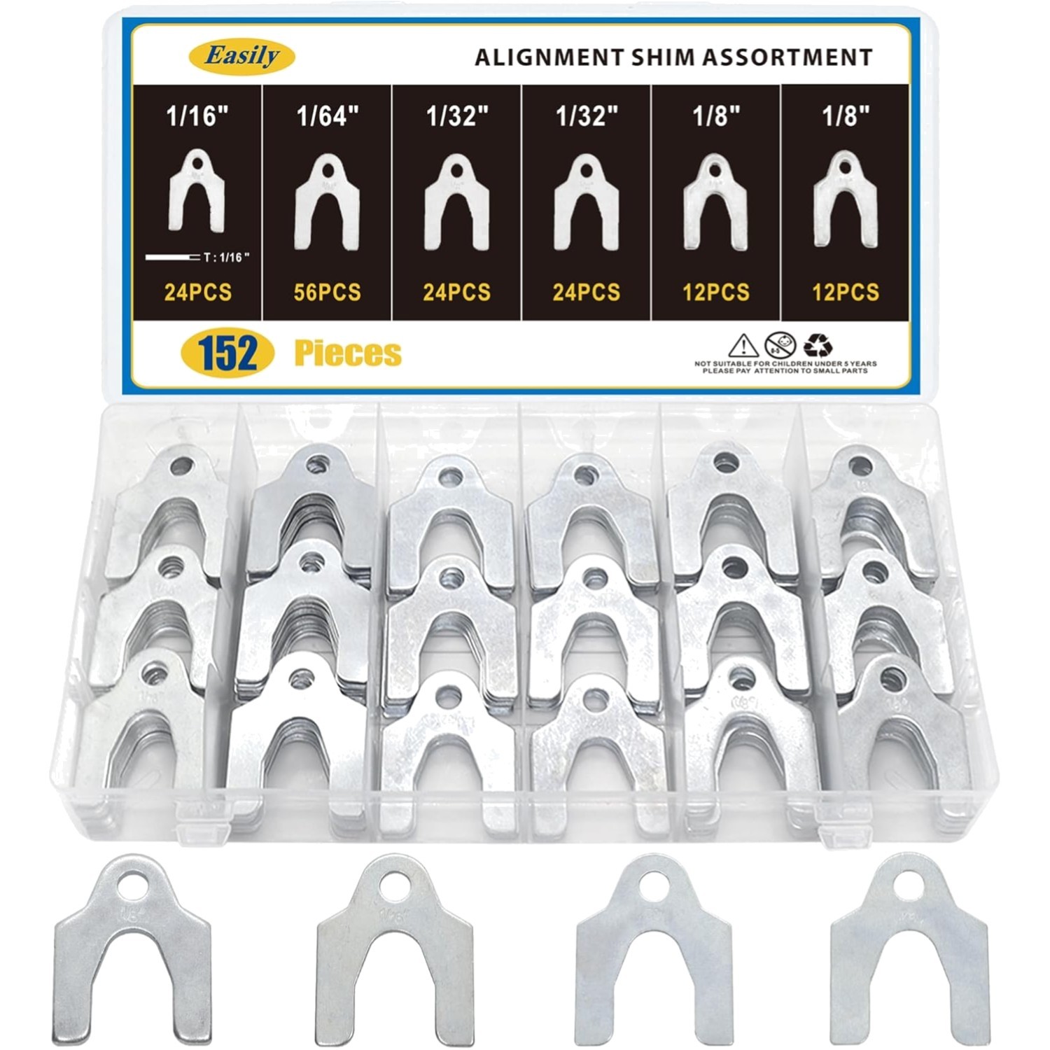 Zinc-Plated 152-Piece Alignment Shim Kit with Four Sizes for Precise Adjustments