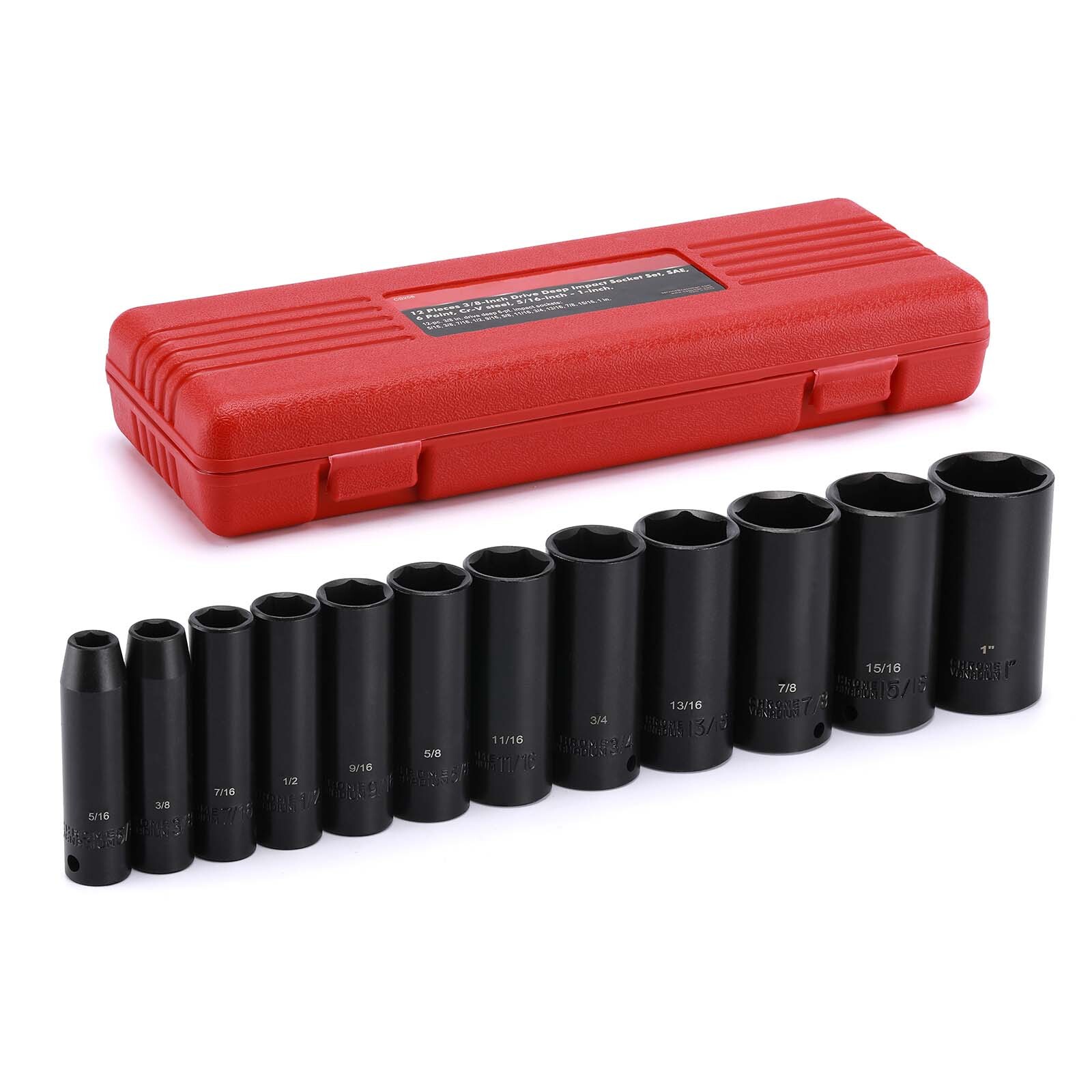 12 Pcs 3/8-Inch Drive Impact Socket Set 6-Point SAE, Deep, CR-V, 5/16″ to 1″,