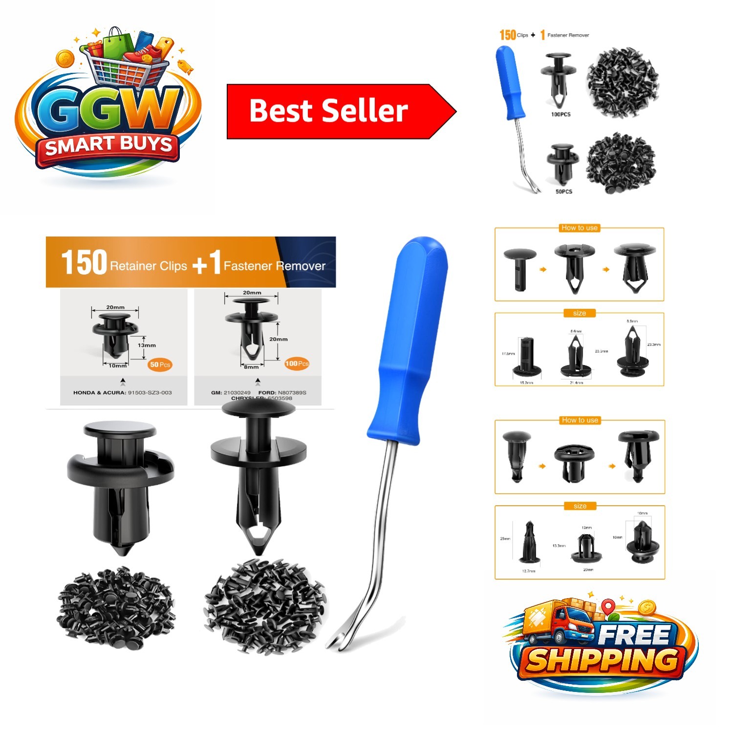 150 pcs Auto Clips Set: Two Sizes of Push Rivets & Fastener Remover Included