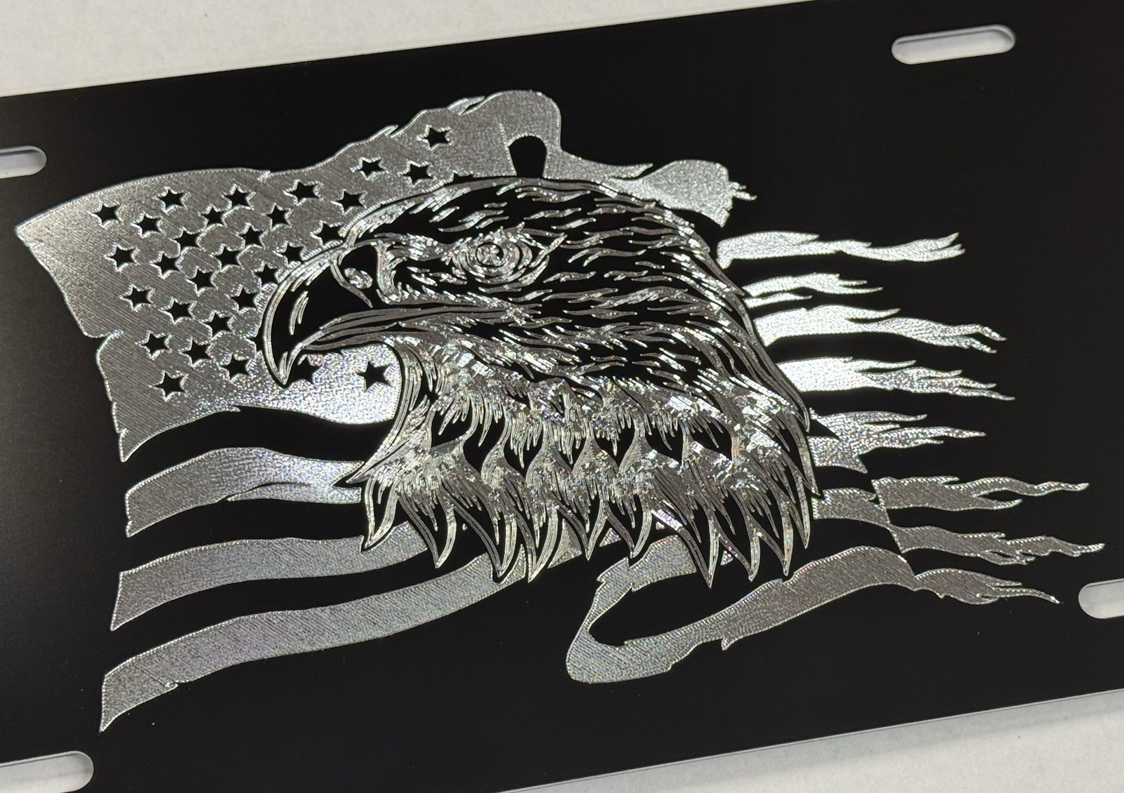 DEEP Engraved US USA Flag Eagle Patriotic Car Tag Etched Vanity License Plate