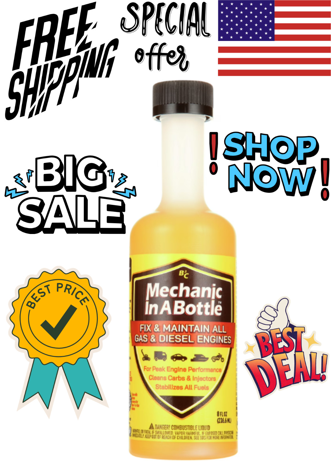 Mechanic in a Bottle Gas & Diesel Fuel Treatment 16 oz Free Shipping