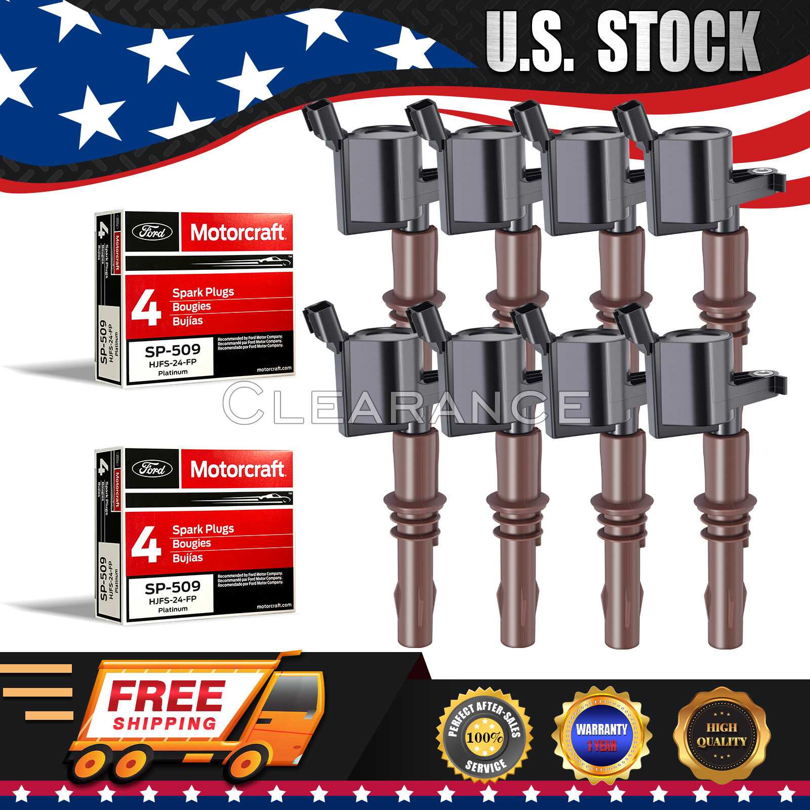 Ignition Coils Brown Boot + 8 Motorcraft SP509 Spark Plugs for Ford DG521