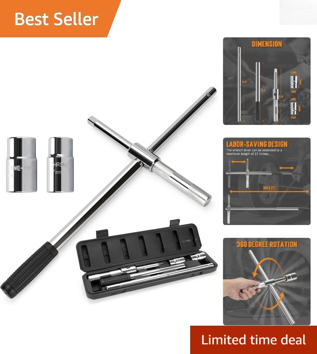 Durable 4-Way Tire Iron Wrench with 360-Degree Swivel for Quick Lug Nut Removal