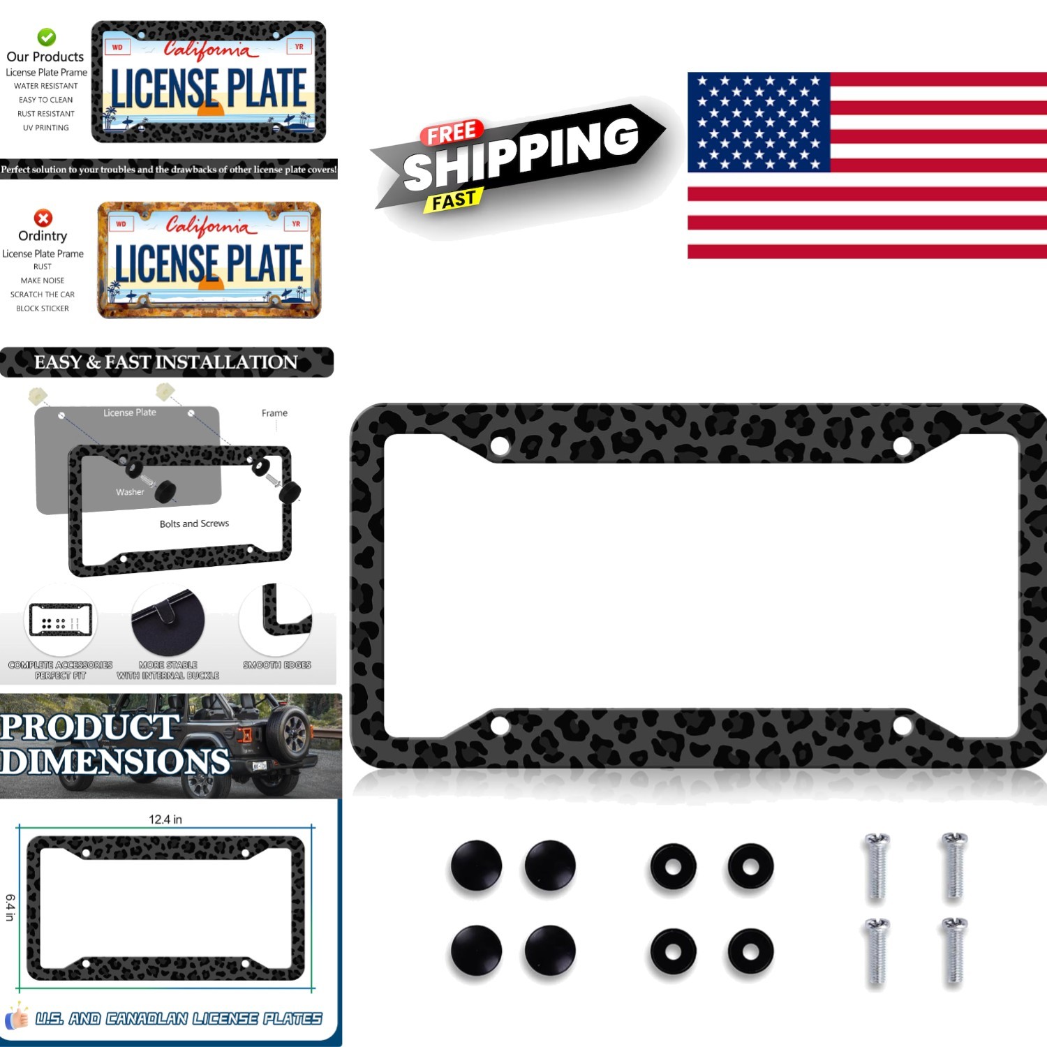 Black Leopard Cheetah Print License Plate Frame 12×6 Inch Stainless Steel Holder