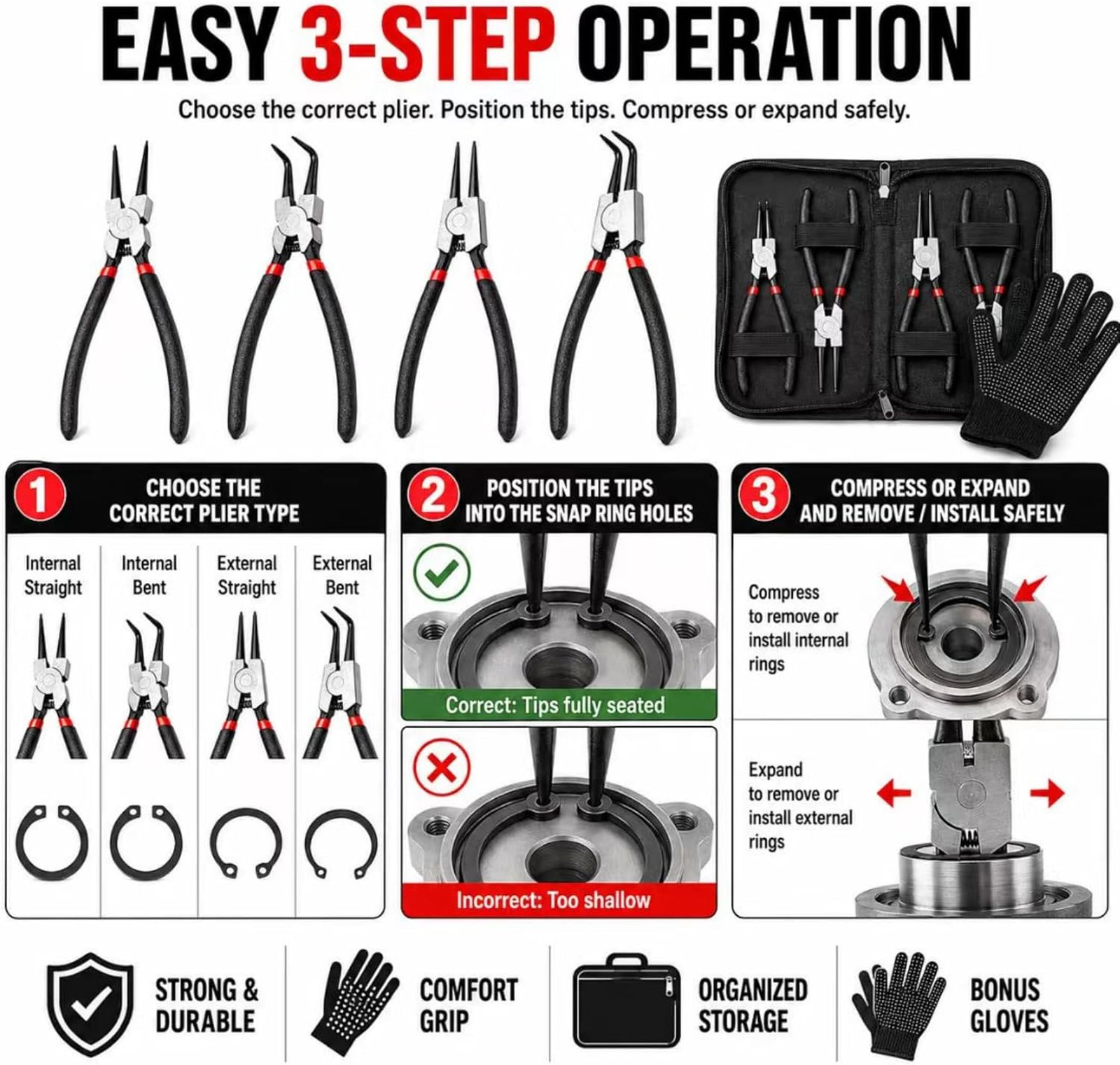 Snap Ring Pliers Set 7 Inch Internal External Circlip Tools 45# Steel Repair
