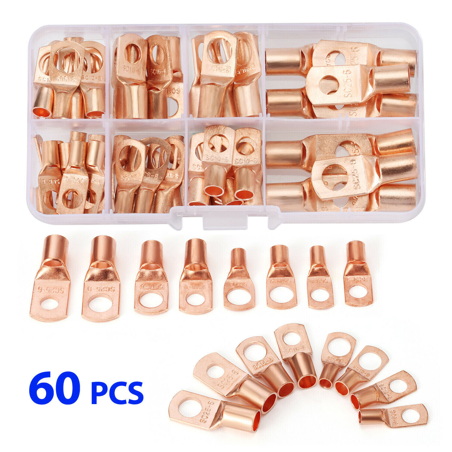 60Pcs/Kit SC6-25 Copper Lug Ring Battery Bare Lug Terminals Connector Wire Gauge