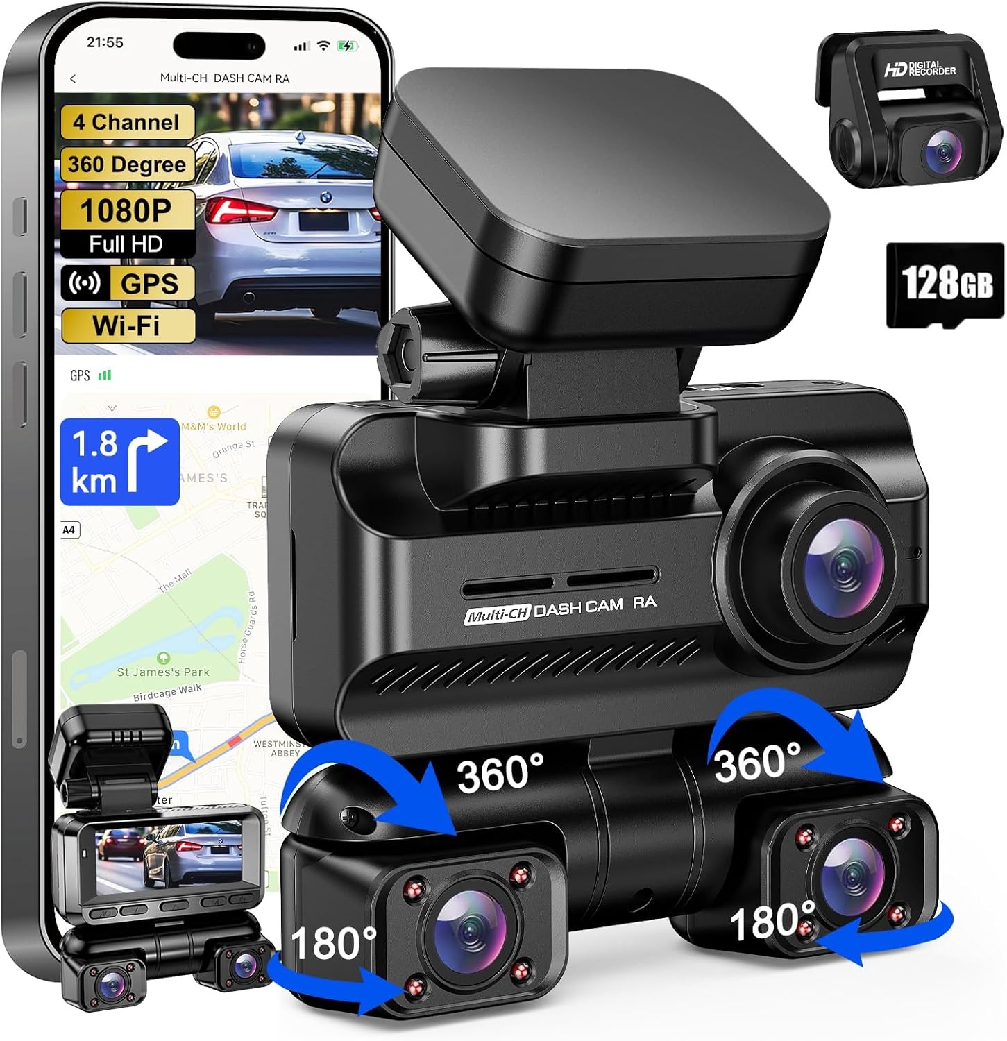 Dash Camera 4K Front Rear Inside DashCam Built-In WiFi & GPS, WDR Night Vision