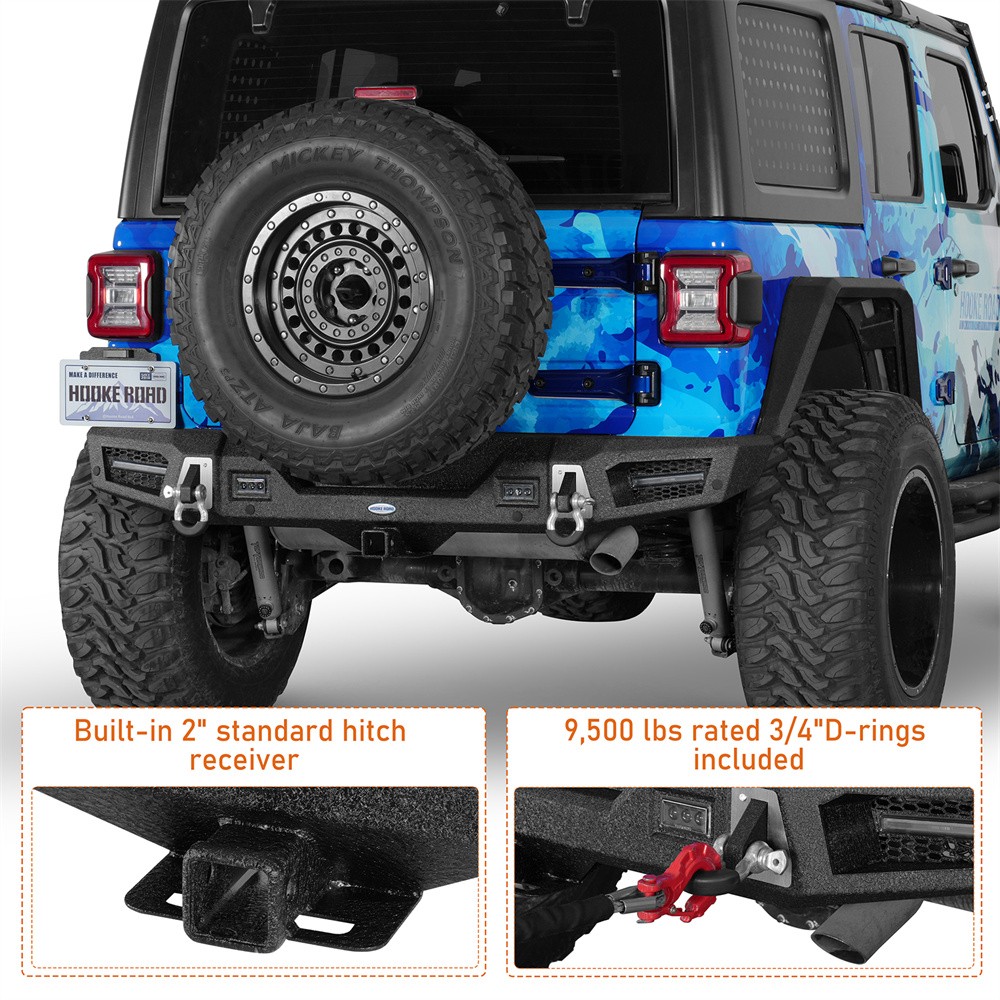 Off-Road Rear Bumper w/2” Hitch Receiver & LED Light For 18-26 Jeep Wrangler JL