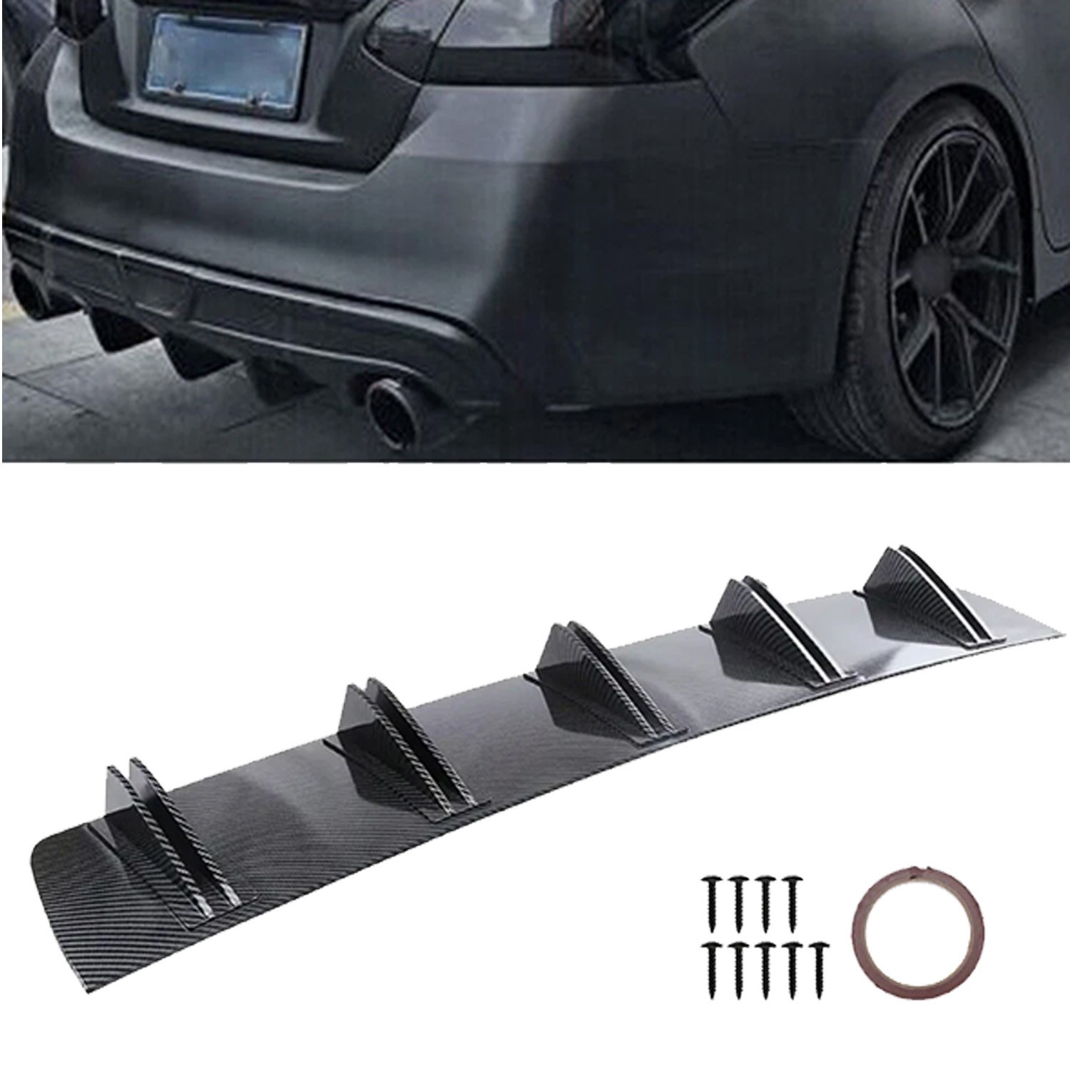 Carbon Fiber Rear Bumper Diffuser 10 Shark Fins Wing For Mazda 3 Sedan Hatchback