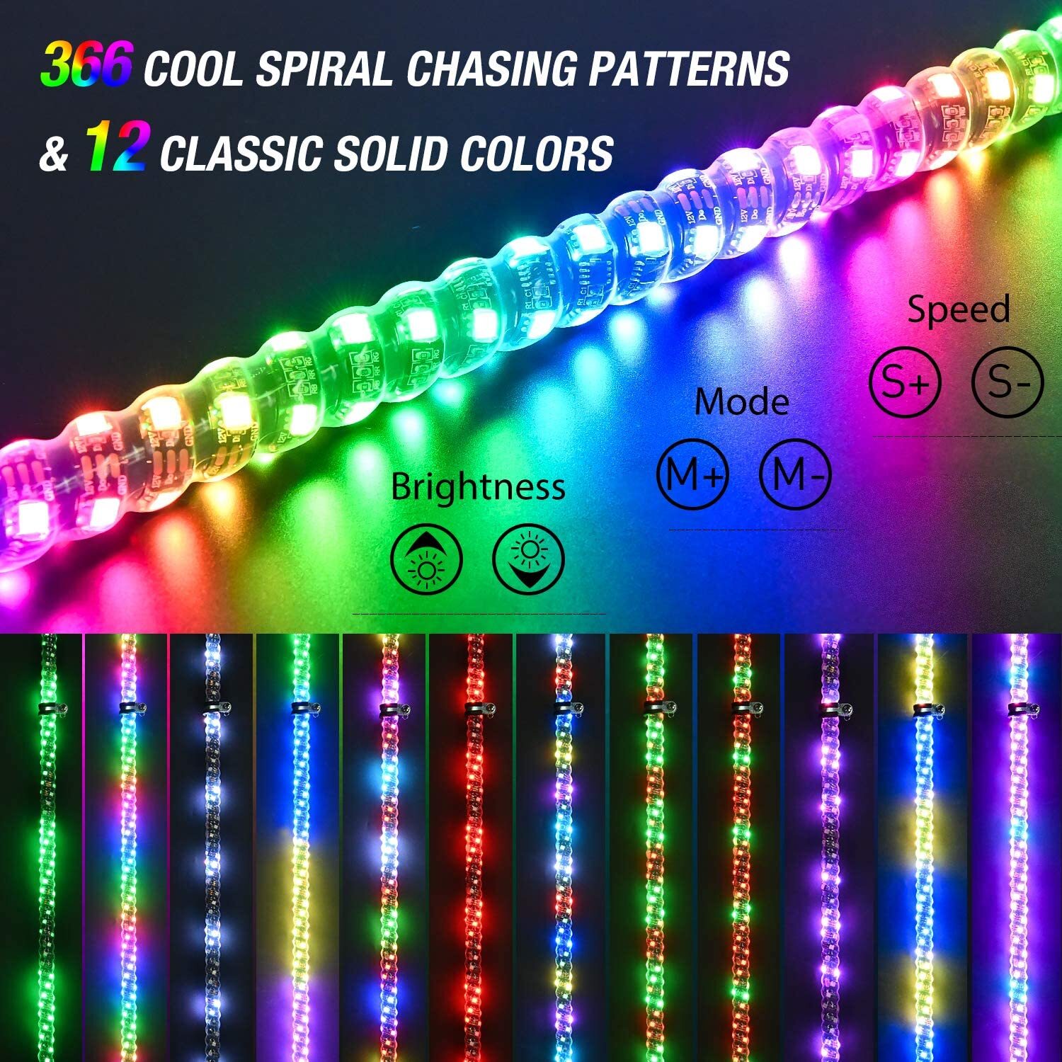 For Polaris RZR XP 1000 2X 3ft RGB Spiral LED Whip Lights Dancing /Chasing Light