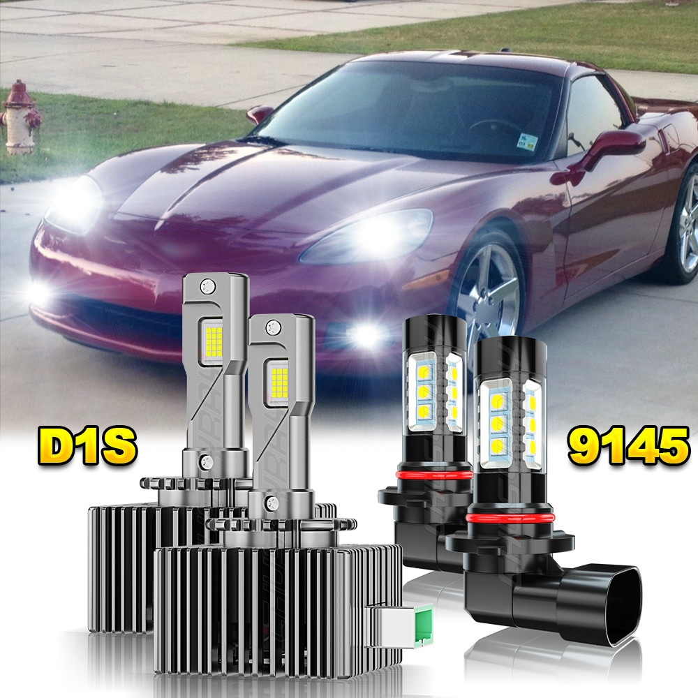 4pcs D1S 9145 HID Headlight High or Low Beam & LED Fog Light Bulbs 6000K White