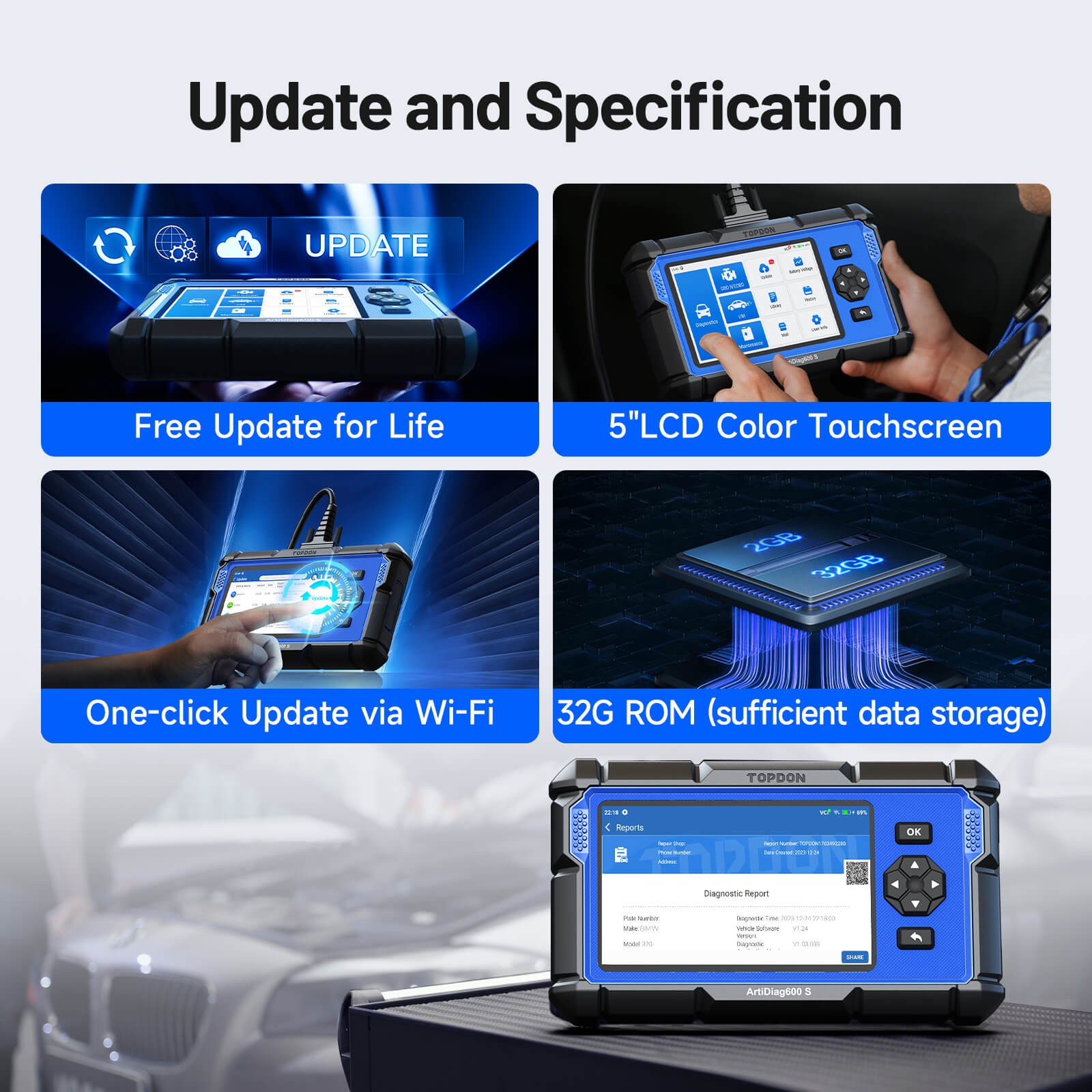 TOPDON AD600S OBD2 Scanner Diagnostic Tool ABS SRS SAS EPB TPMS BMS Reset Tool