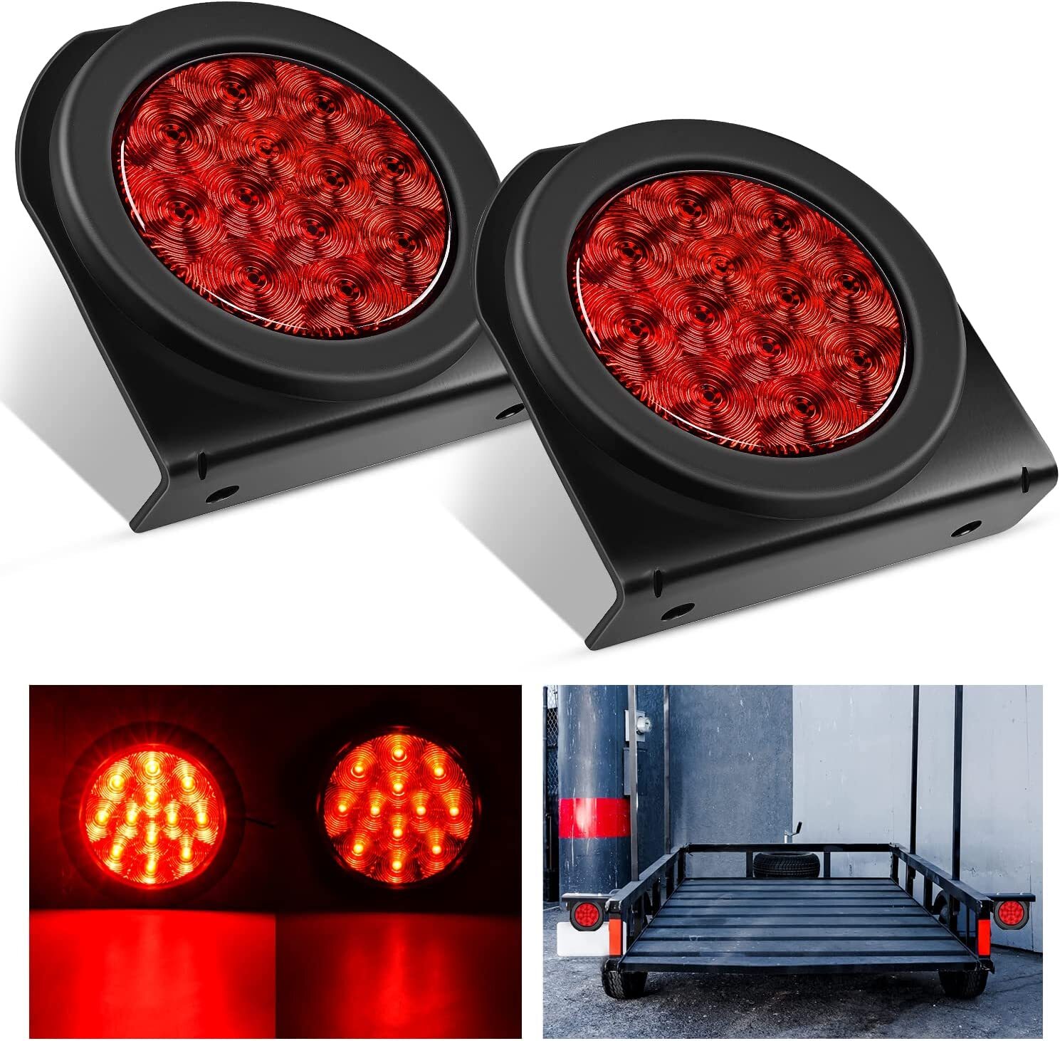 Nilight 4 Inch Round Red Tail Lights w/ Mount Bracket (Pair)