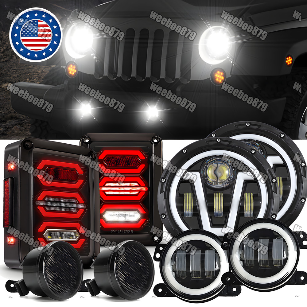 Fit for Jeep Wrangler JK 7″ Round Led Halo DRL Headlights Fog Turn Tail Lights
