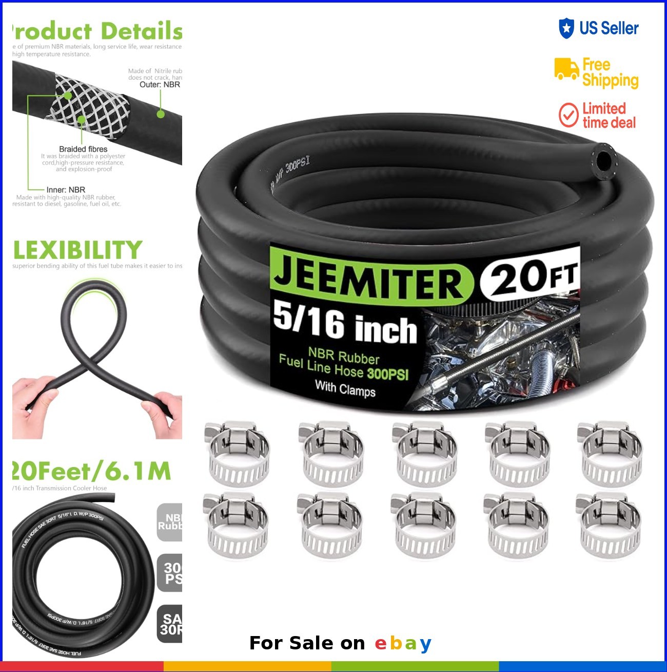 Fuel Line Hose 5/16 Inch ID 20FT NBR Rubber SAE 30R7 with 10 Clamps Automotive