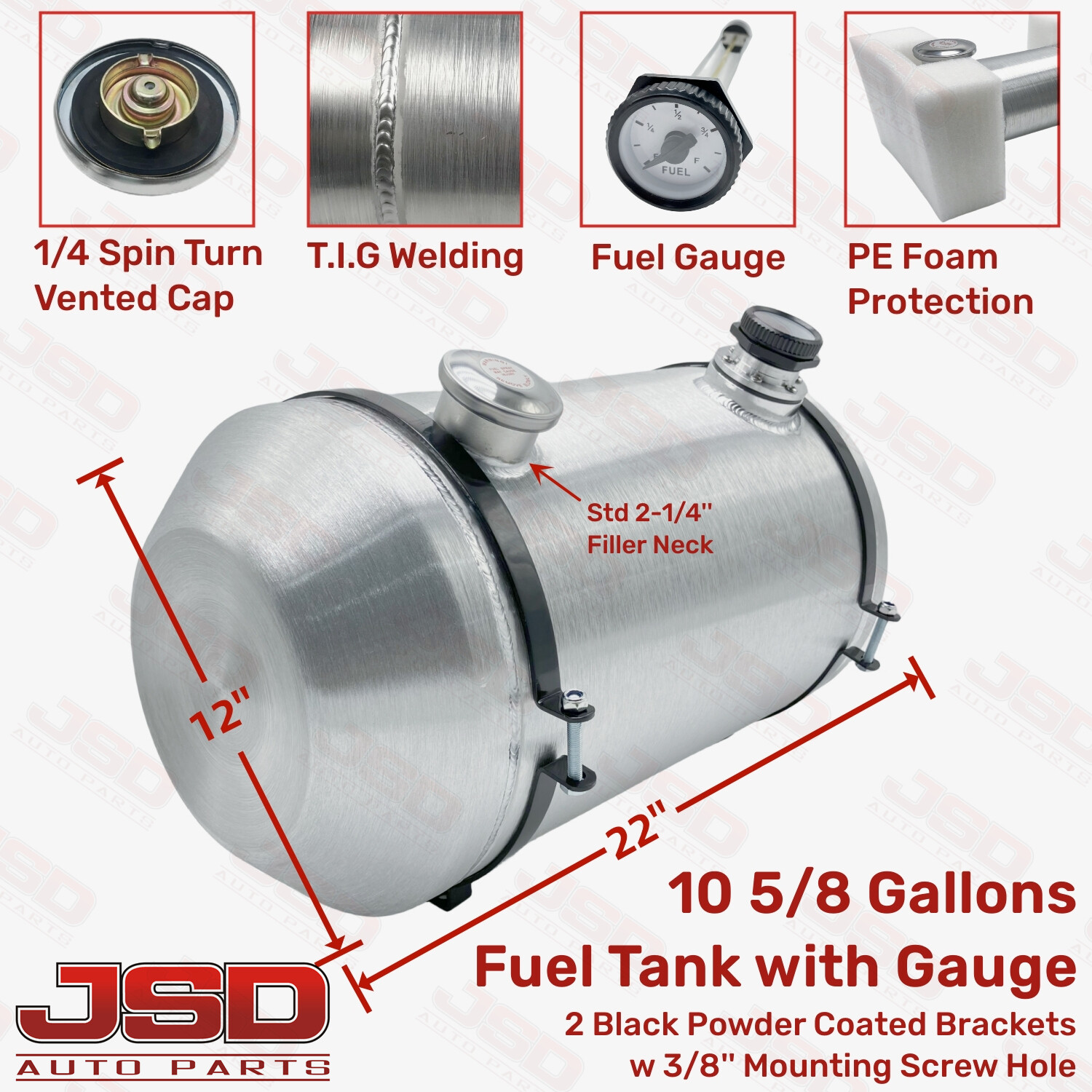12×22” 10 5/8 Gallon 1/4 NPT Spun Aluminum End Fill Gas Tank Fuel Tank W/Gauge