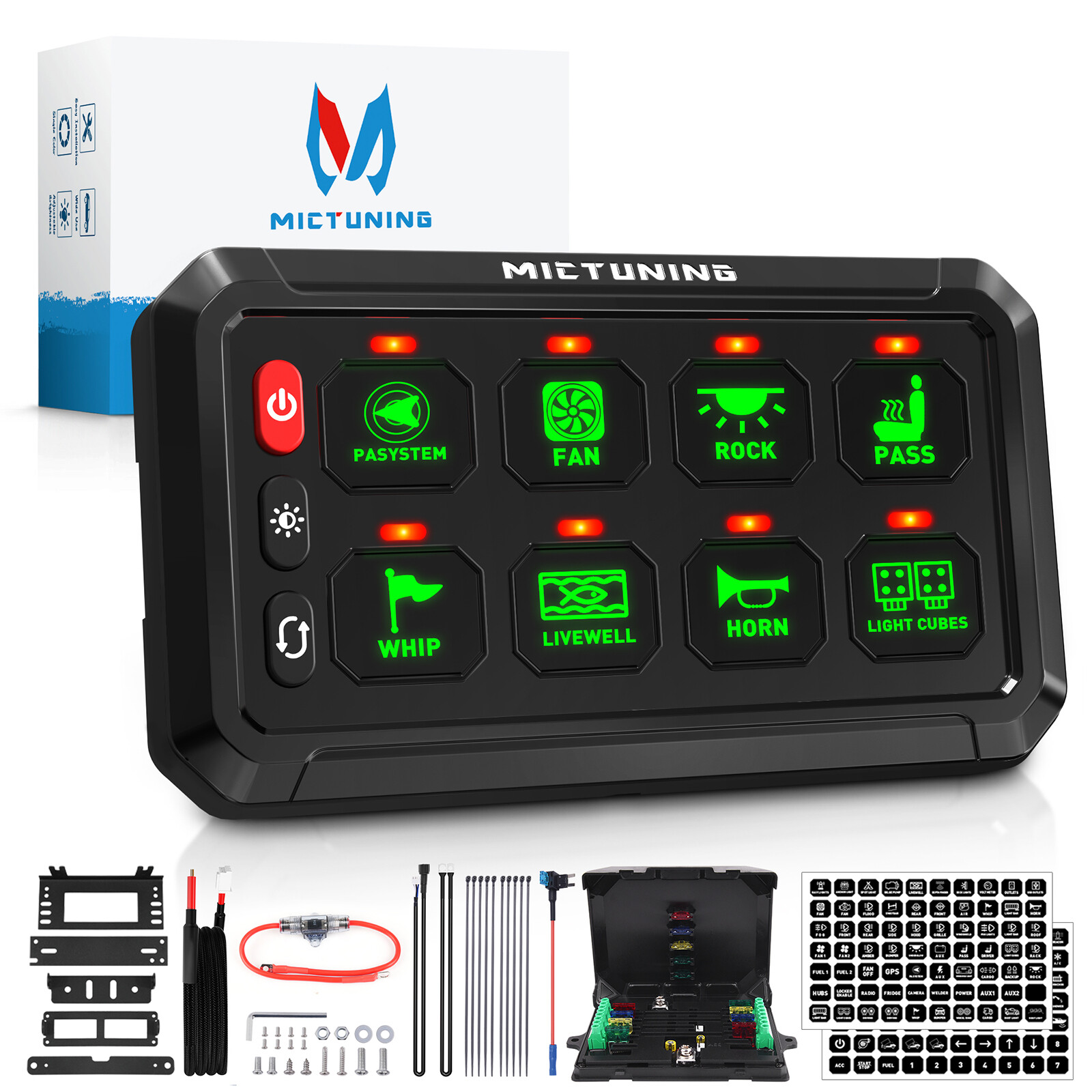 MICTUNING P1S-G08X 8 Gang Green Switch Panel LED Light Bar Relay System Marine