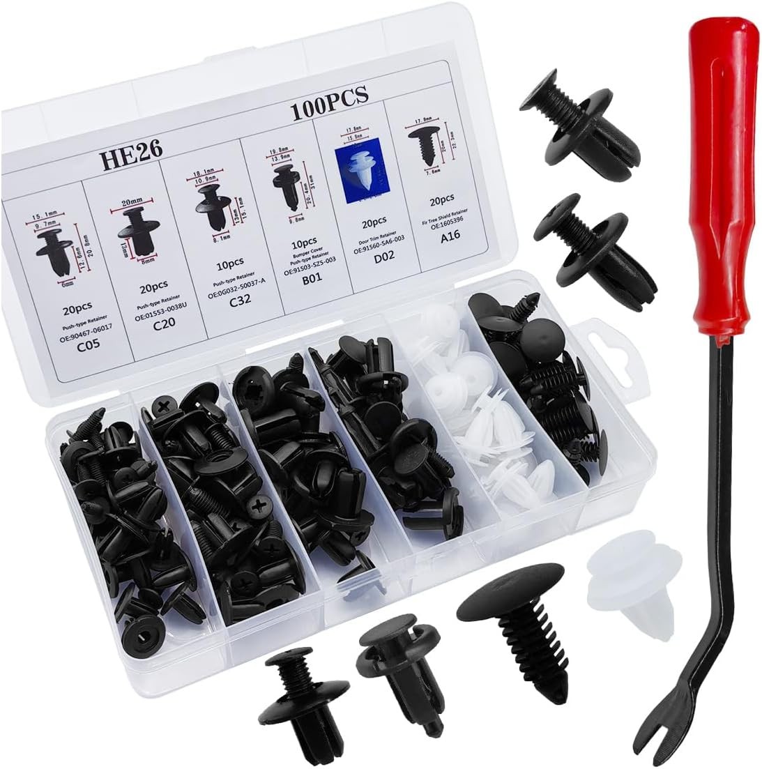 100PCS Bumper Retainers Set with Fastener Tool, 6 Sizes Auto Body Trim Clips