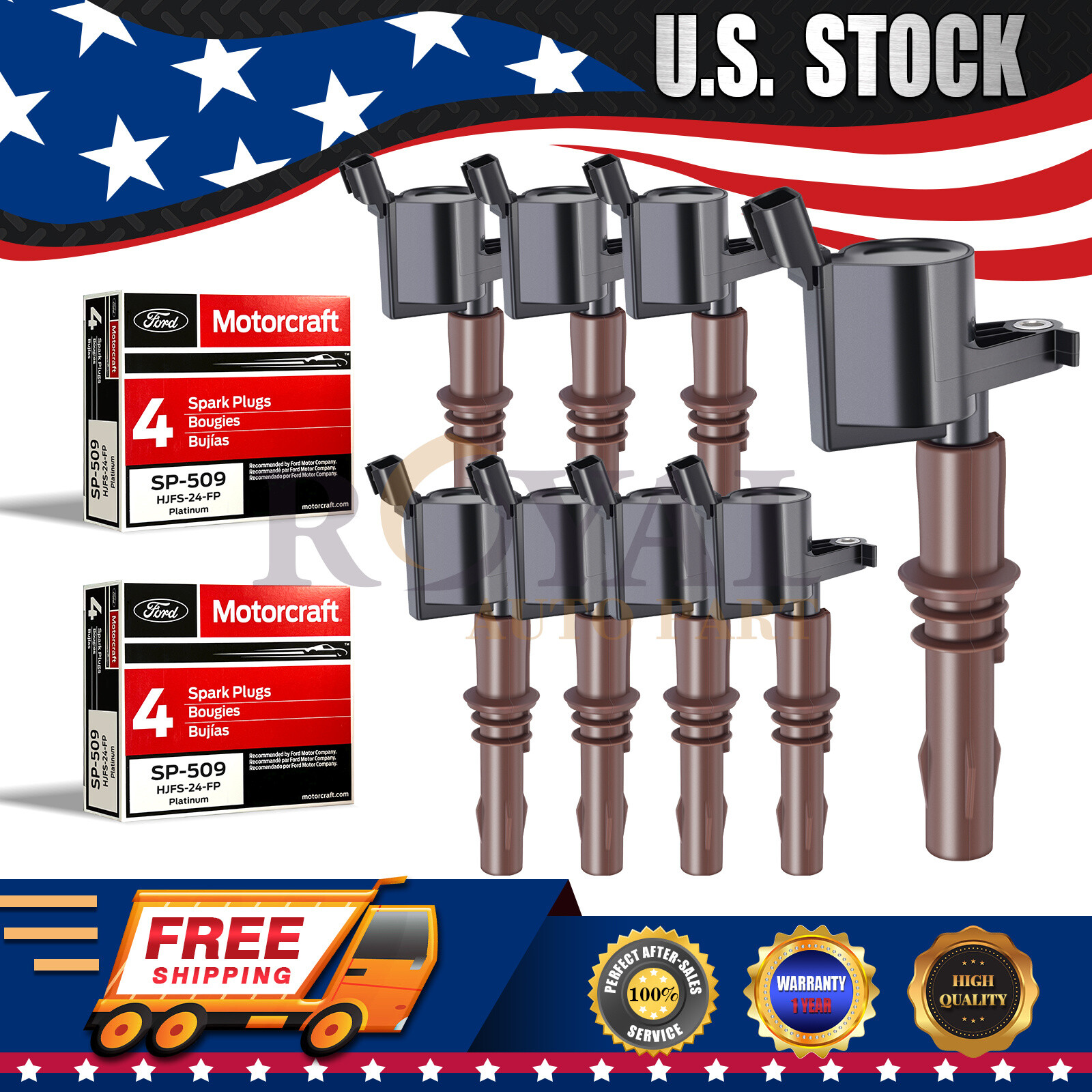 (8) Ignition Coils Brown Boot & 8 Motorcraft SP509 Spark Plugs for Ford DG521