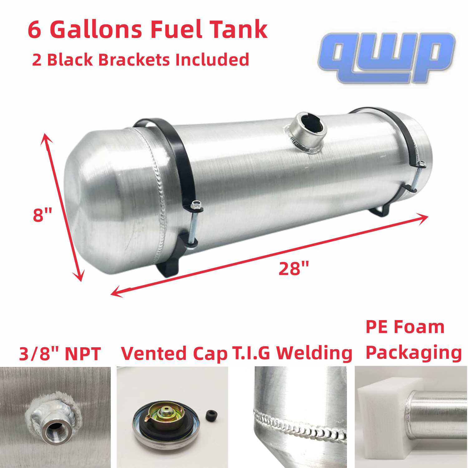 Gas Tank/ Fuel Tank 6 Gallon 8″ x28″ Spun Aluminum Center Fill 3/8” NPT Outlet