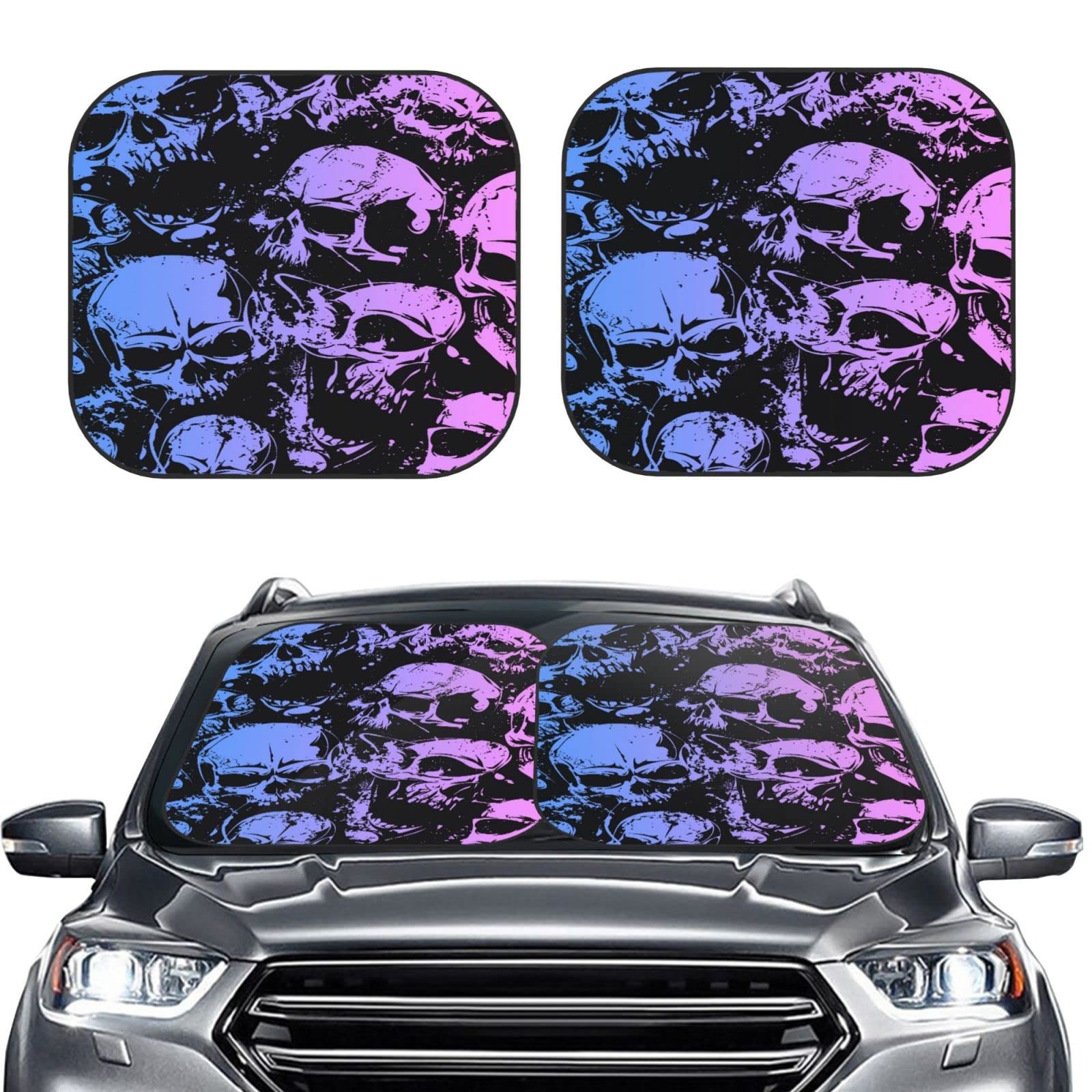 Skull Windshield Sun Shade Foldable 2pcs Car Front Window one size,