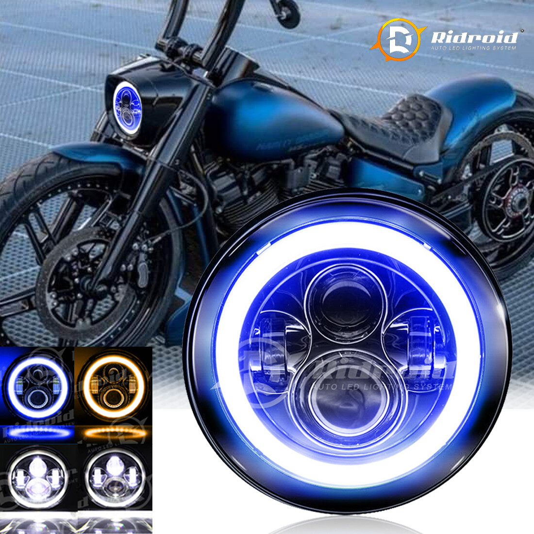 7″ LED Headlight Blue DRL Turn Light For Harley Cafe Racer & Indian Motorcycle