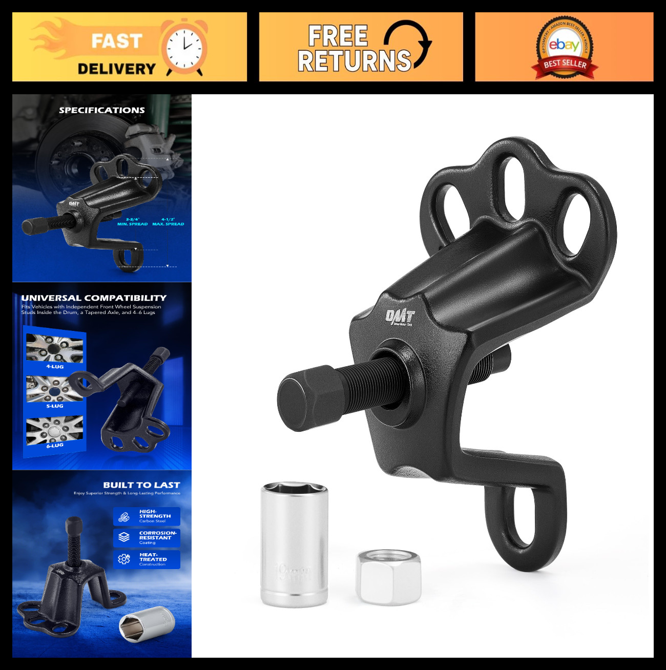 Universal Front Wheel Hub Puller & Axle Remover Tool – Fits 3-3/4″ to 4-1/2″ IDs