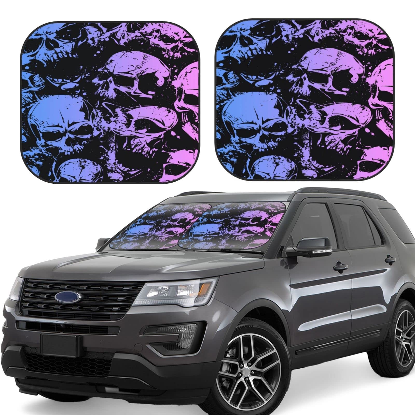 Skull Windshield Sun Shade Foldable 2pcs Car Front Window one size,