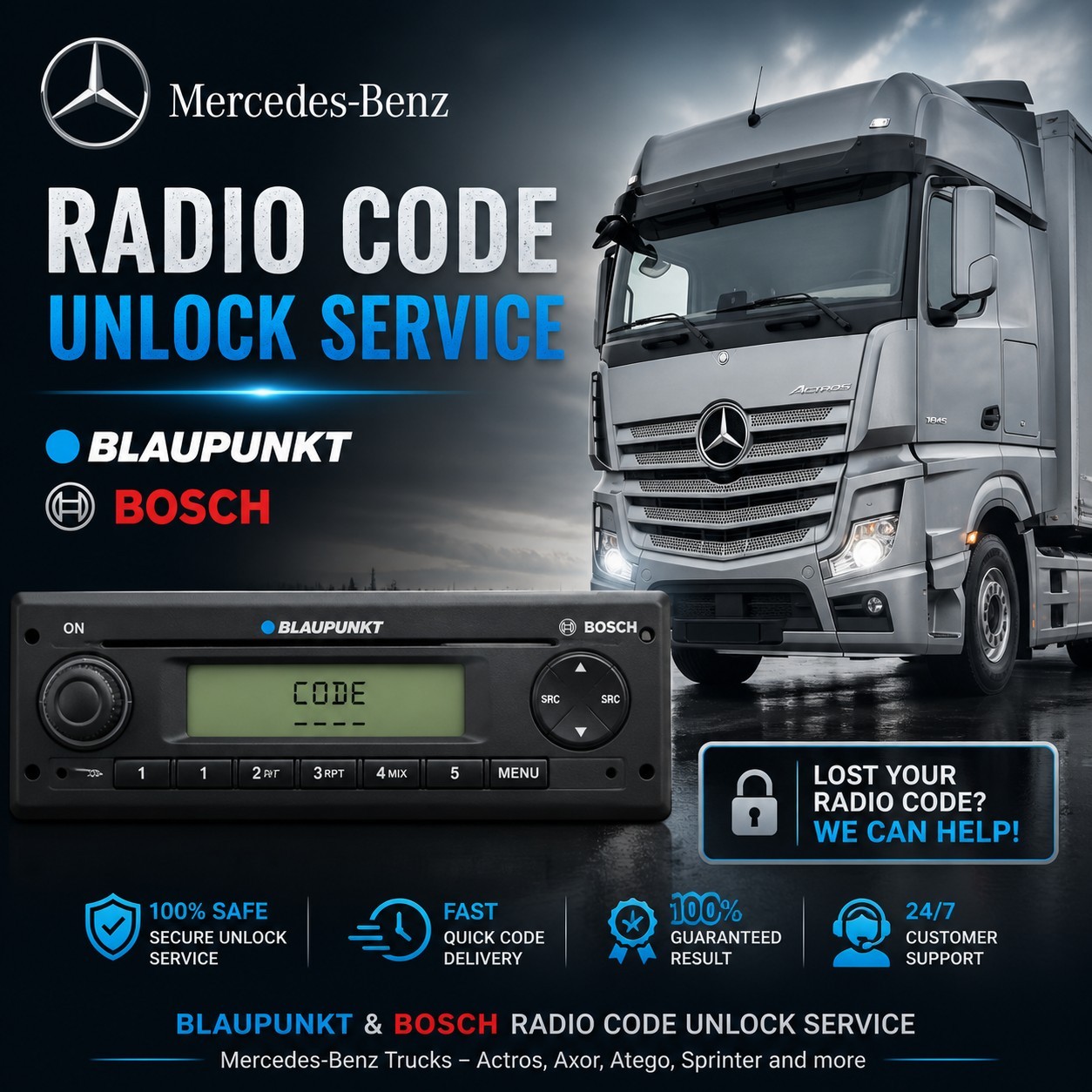 ✅ Mercedes Benz Truck Blaupunkt Bosch Radio Code Unlock – Fast Digital Service