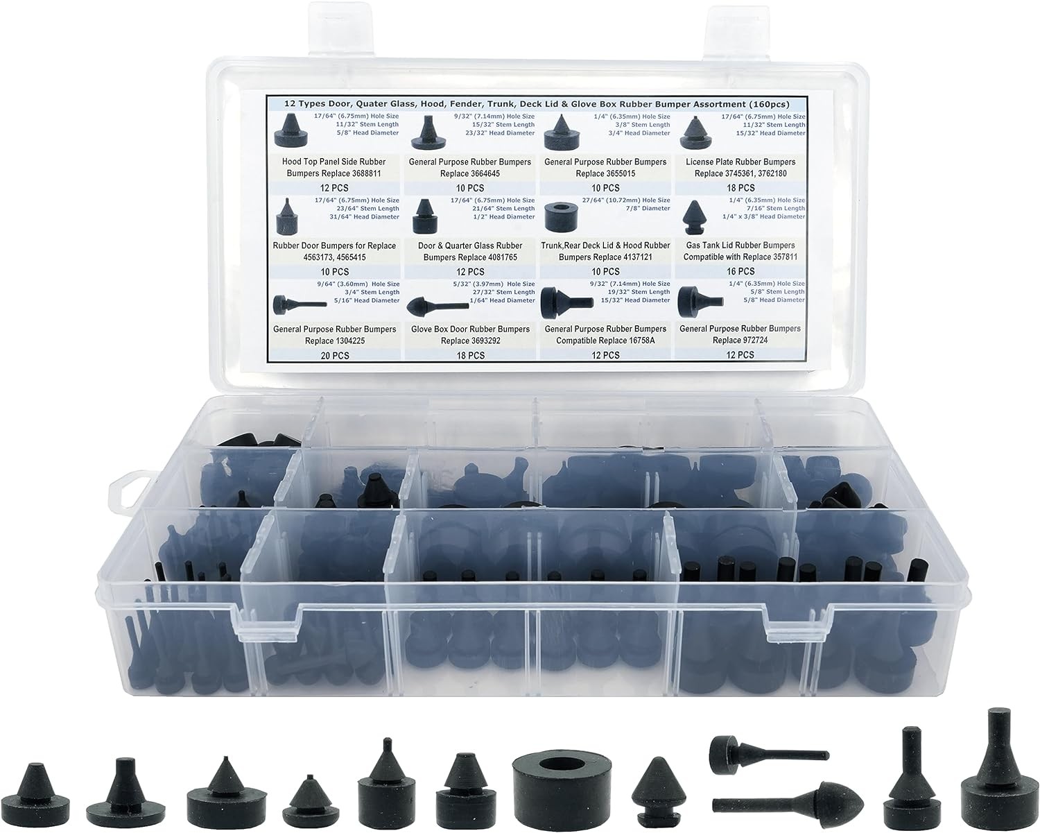 160 PCS Black Automotive Rubber Bumper Assortment, Stop