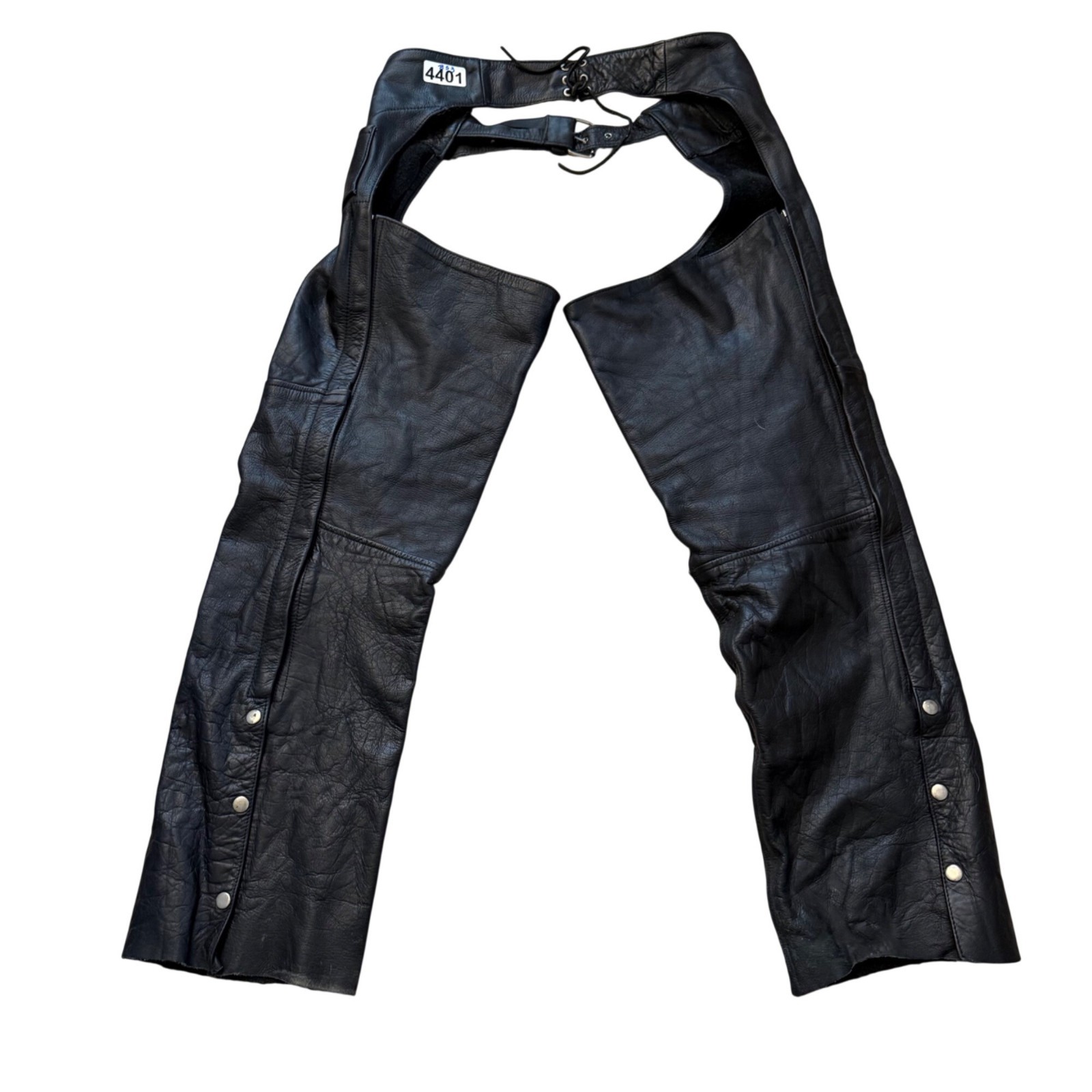 Black Leather Motorcycle Chaps With Adjustable Waist & Snap Closure