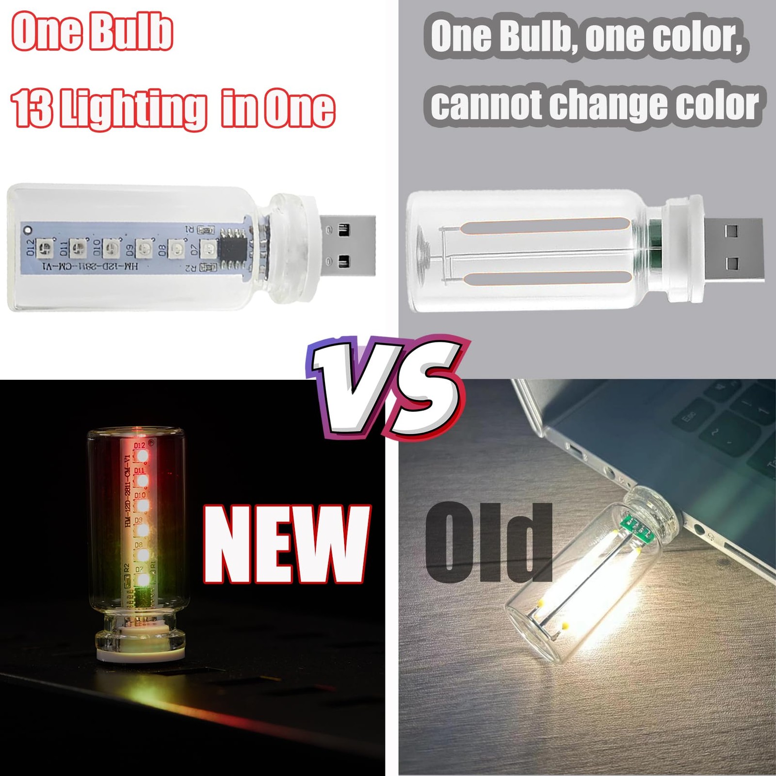 13 in 1 Car USB Night Light, Touch Adjustment Interior Lights, 1Pcs