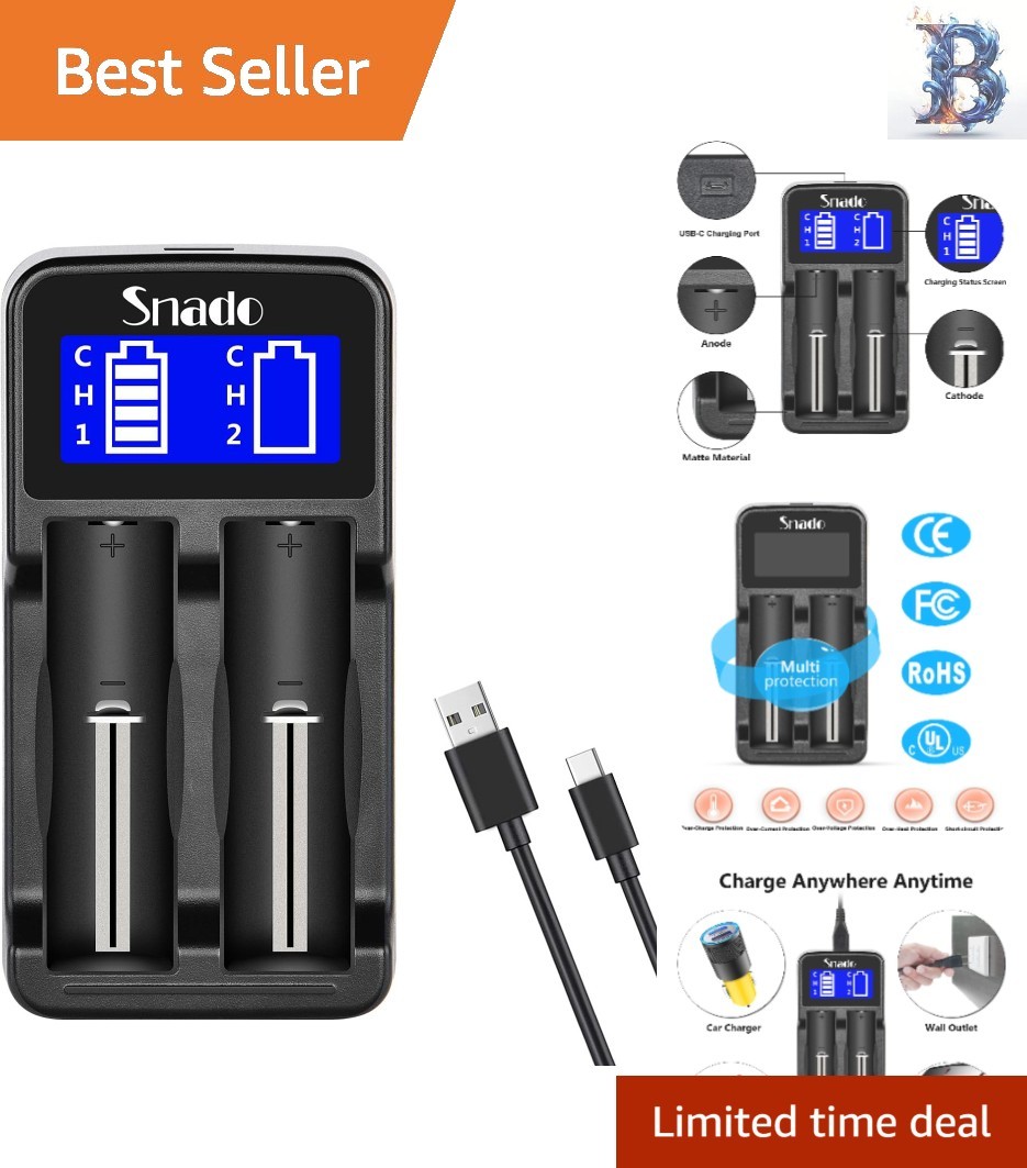 Universal USB-C Charger with LCD Display for 18650, AA, AAA Batteries – Compact