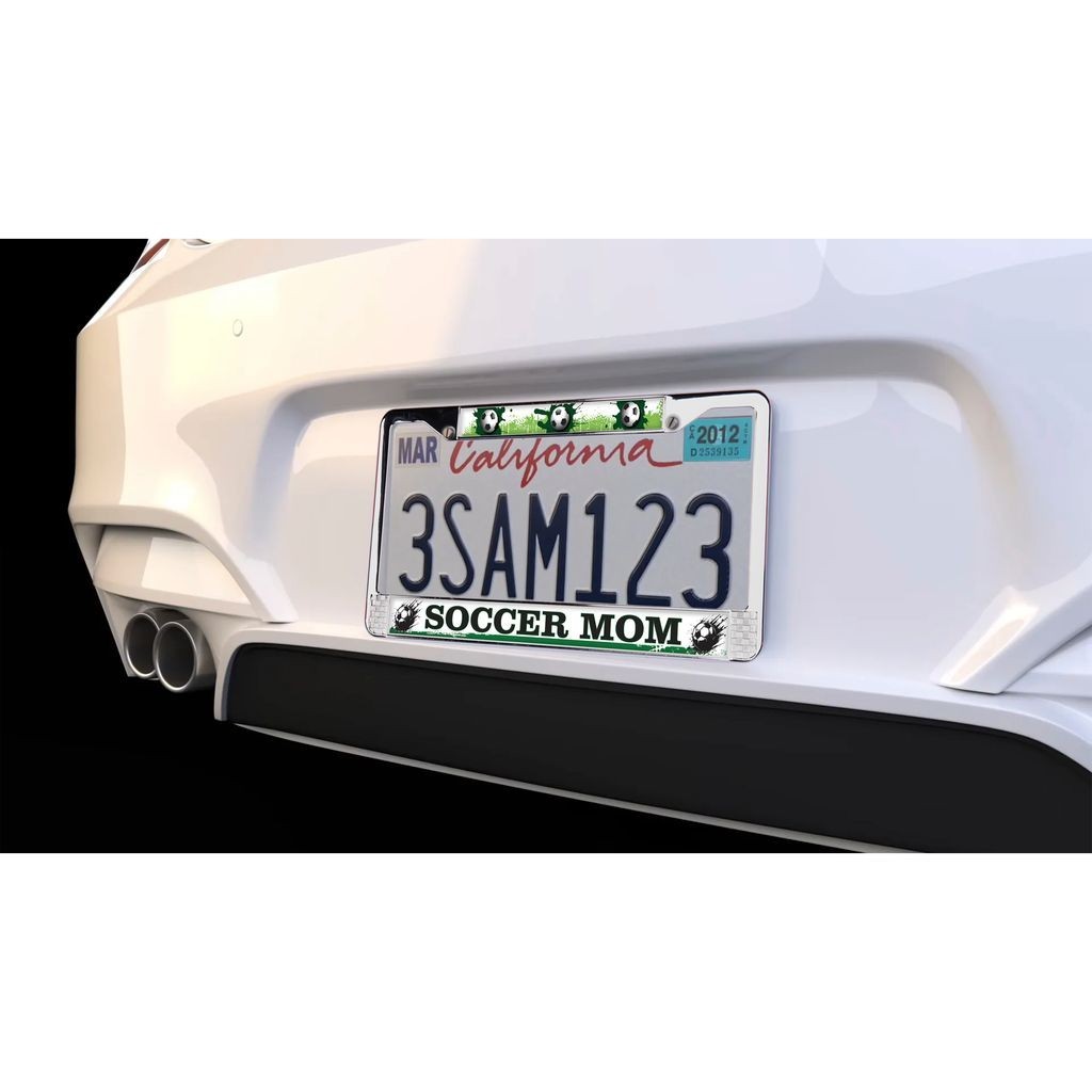 Soccer Mom 3D Polyurethane Domed Premium 2-Hole Chrome Metal License Plate Frame