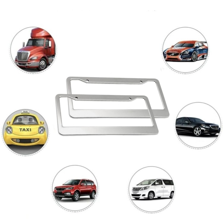 Chrome Metal License Plate Frame 2PCS – Stainless Steel Tag Cover w/Screw Caps