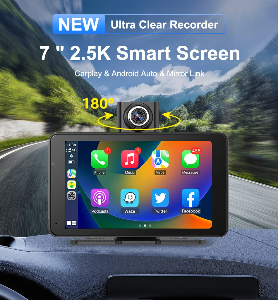 7″ Dash Cam 2.5K DVR Rearview Camera Wireless Carplay&Android GPS Navigation