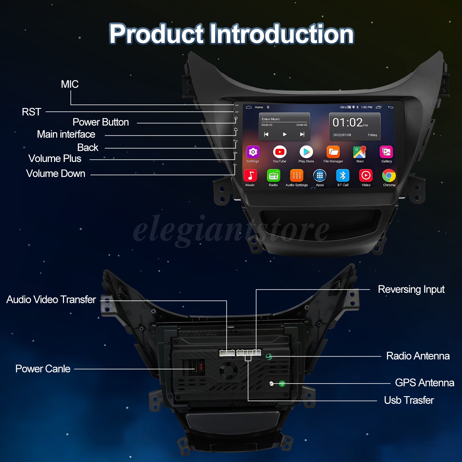 For Hyundai Elantra 2011-2013 Carplay Car Stereo Radio Android 16 GPS Navi +Cam