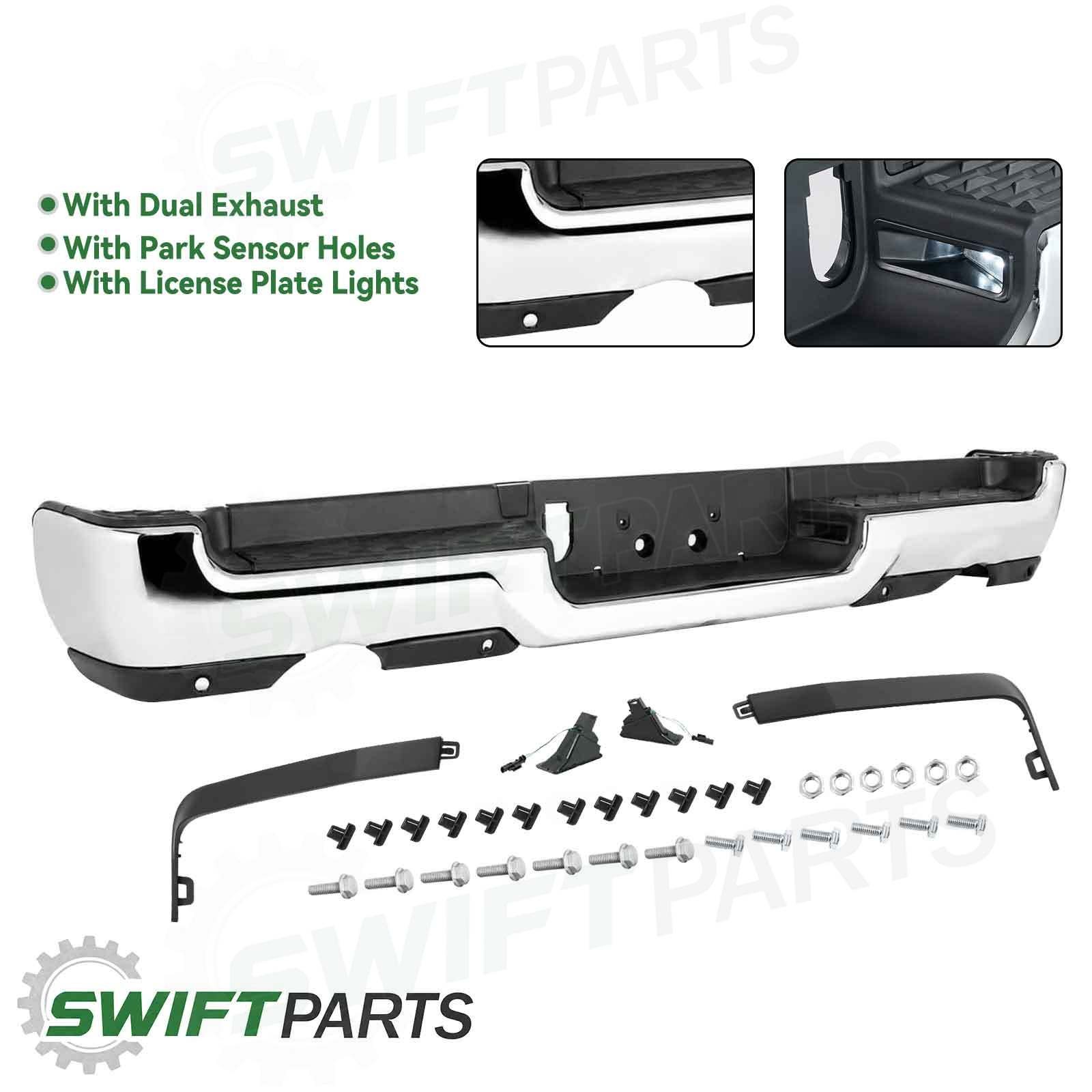Rear Chrome Steel Bumper For 2019-2024 RAM 1500 w/ Dual Exhaust w/ Park Sensors