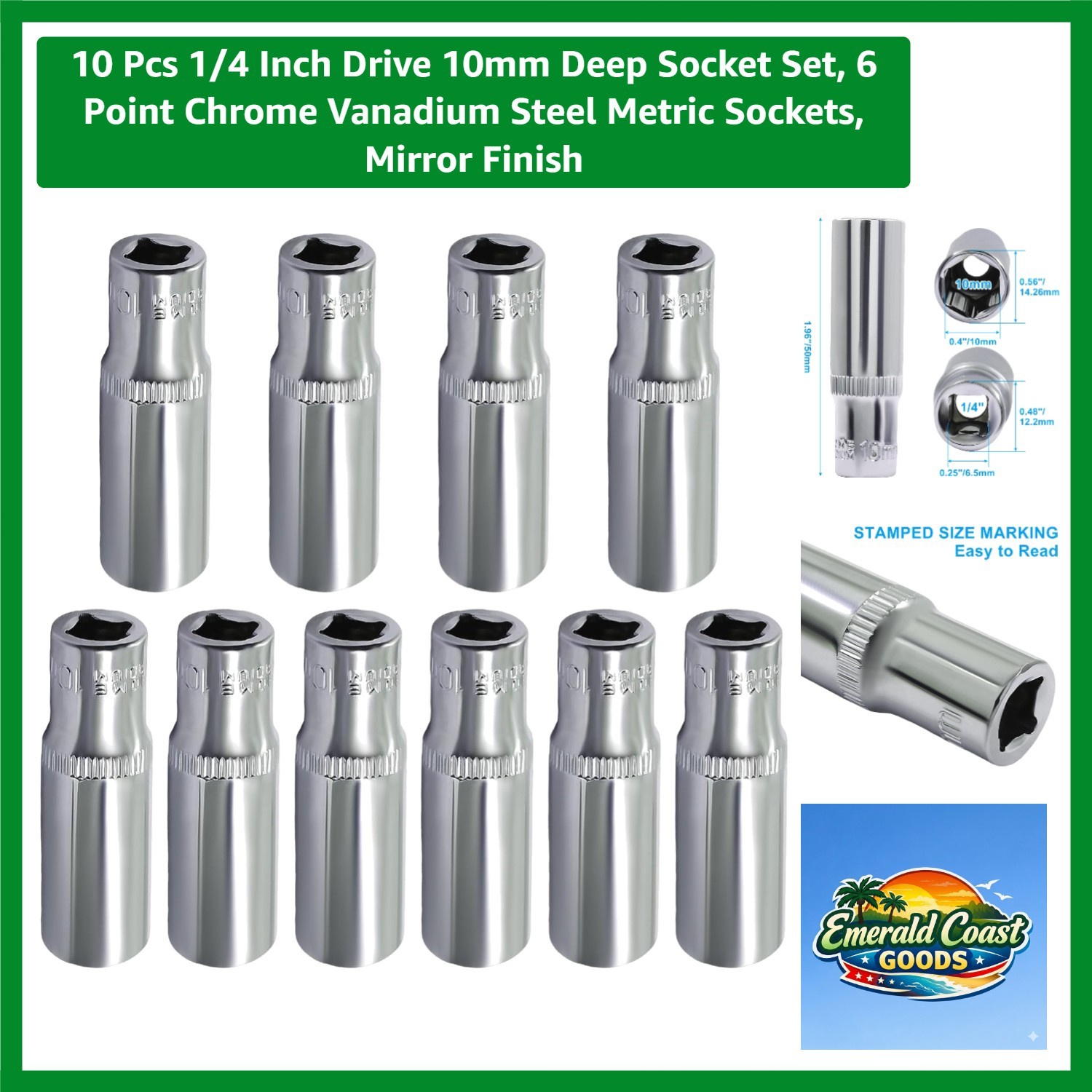 10 Pcs 1/4 Inch Drive 10mm Deep Socket Set – Chrome Vanadium Steel Excellence