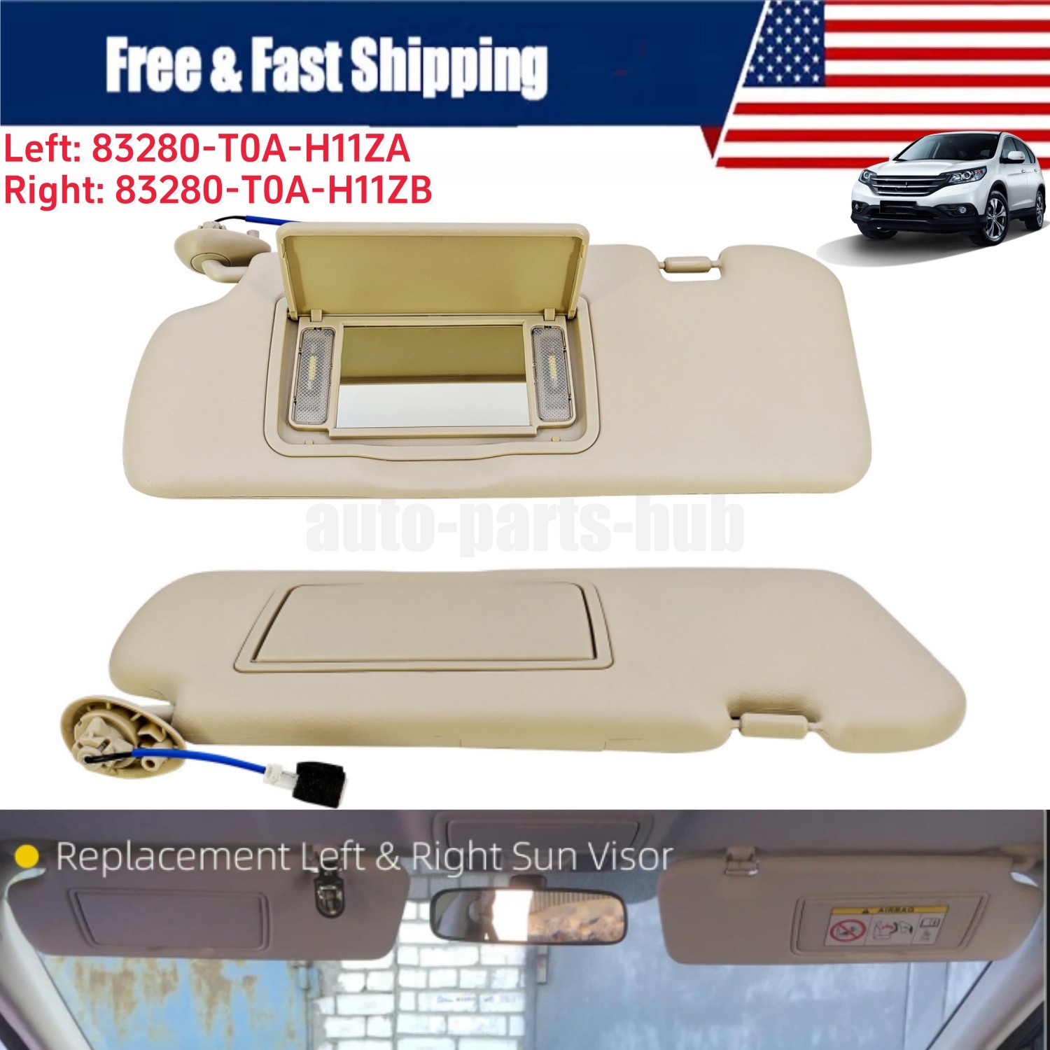 1 PAIR Left & Right Beige Sun Visor For Honda CR-V 2012-2016 W/ Light & Mirror