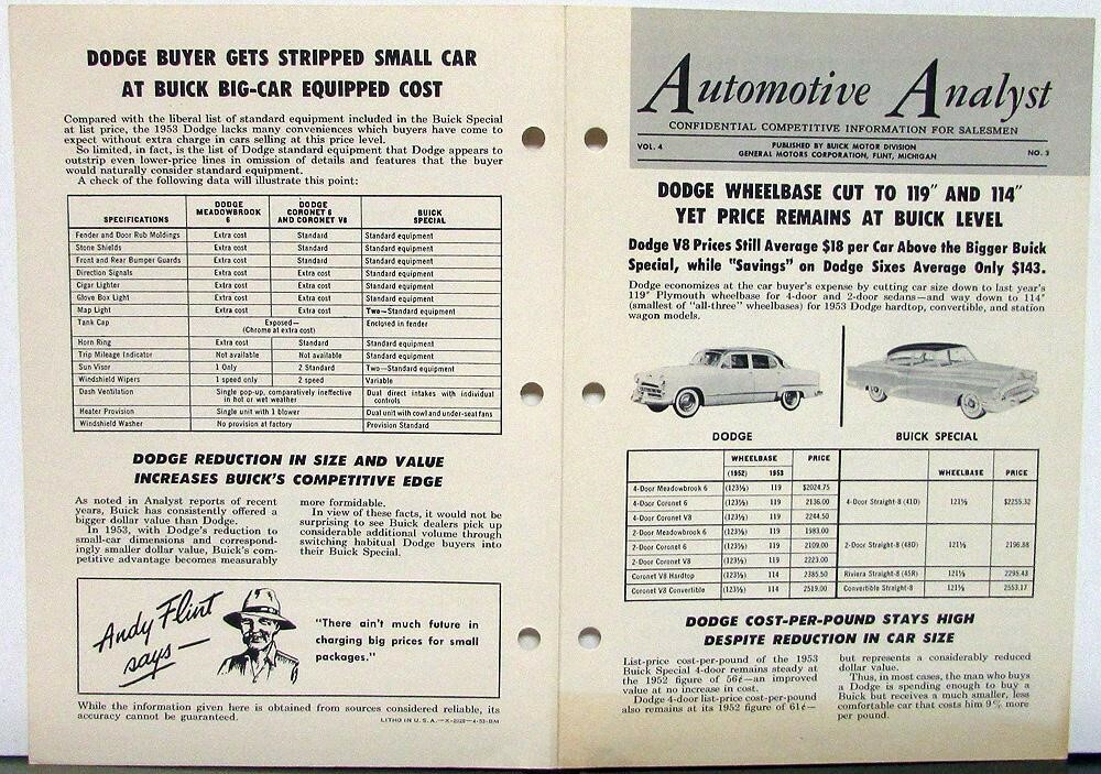 1953 Buick Special Auto Analyst Comparison to Dodge Salesman Only Item Original