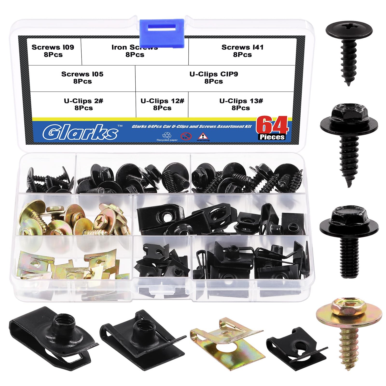 64Pcs UClips and Body Bolts Screws Assortment Kit 8 Sizes Auto Car Clips Fast…